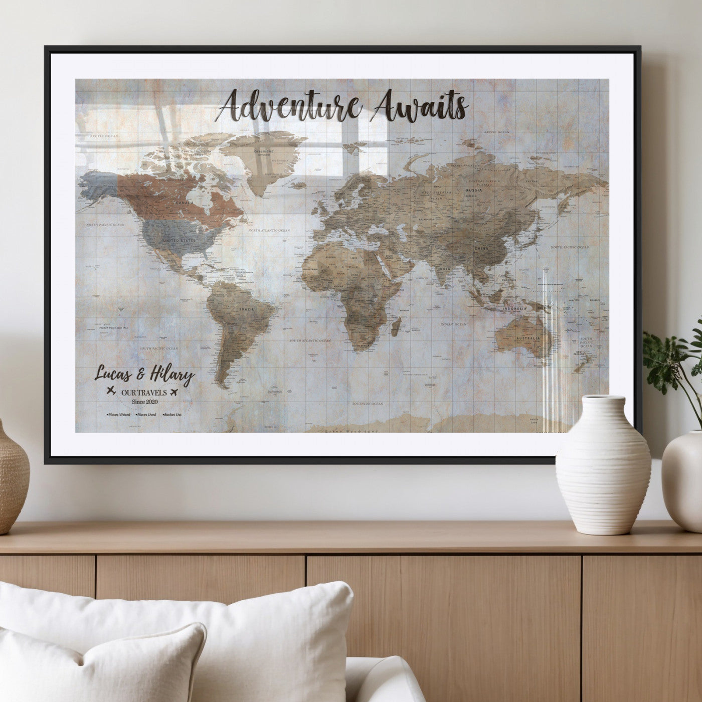 30792405-MGV-CV-36X24-Personalized World Map Wall Art – Rustic Beige Adventure Travel Map with Custom Couple Names, Vintage Wall Decor for Home or