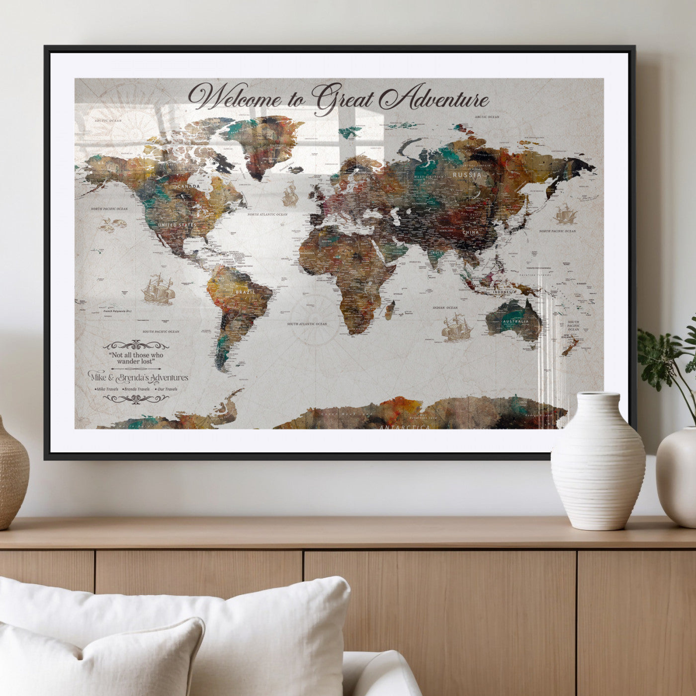 67029173-MGV-CV-36X24-Personalized World Map Wall Art – Colorful Vintage Adventure Travel Map with Custom Couple Names, Rustic Wall Decor for Home,