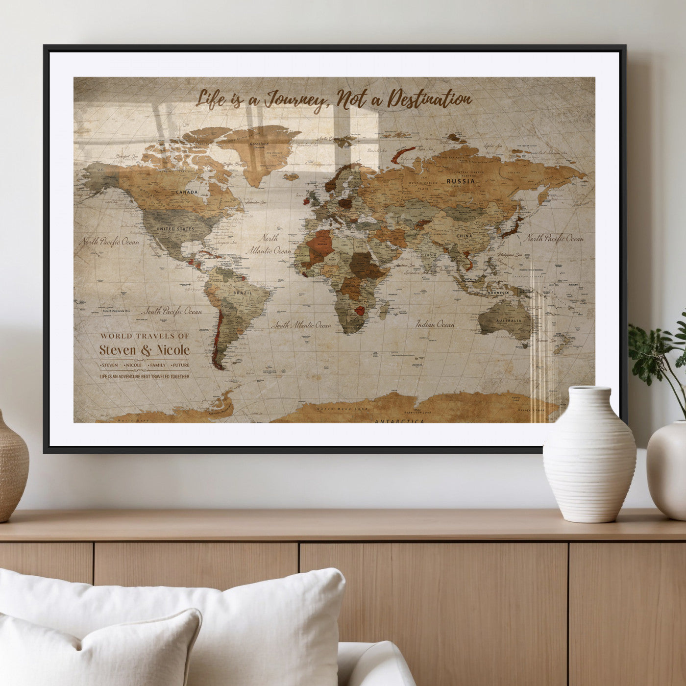 75179116-MGV-CV-36X24-Personalized World Map Wall Art – Rustic Vintage Travel Map with Custom Names, Inspirational Adventure Décor for Couples, Families