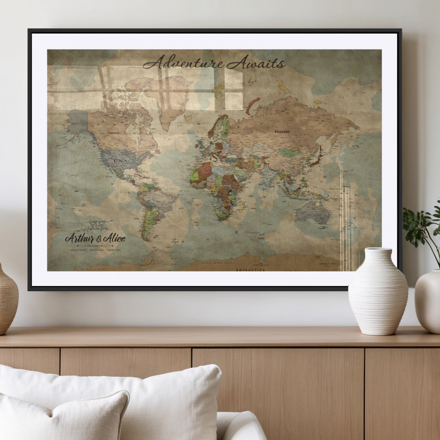 62500285-MGV-CV-36X24-Personalized World Map Wall Art – Rustic Watercolor Adventure Awaits Travel Map with Custom Couple Names, Vintage Wall Decor for