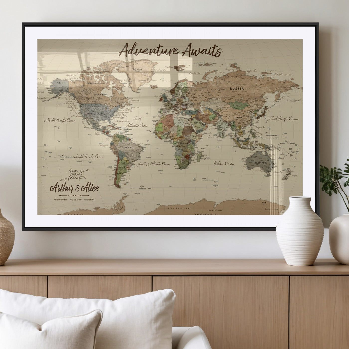 53442996-MGV-CV-36X24-Personalized World Map Wall Art – Adventure Awaits Vintage Travel Map with Custom Couple Names, Rustic Wall Decor for Home,