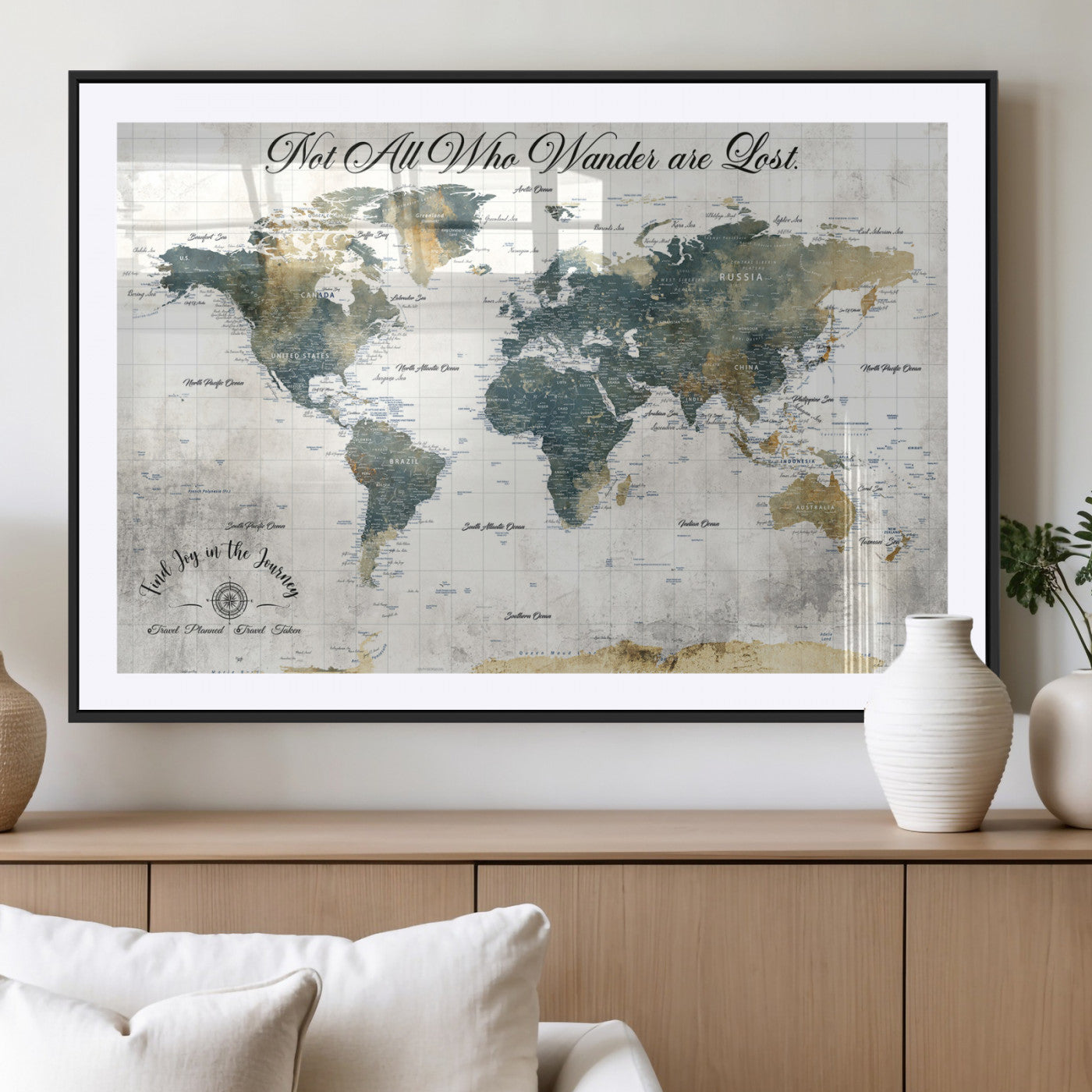 16233493-MGC-FP-36x24_Black-Personalized World Map Wall Art – Rustic Blue Green Wanderlust Travel Map with Custom Couple Names, Vintage Wall Decor for Home