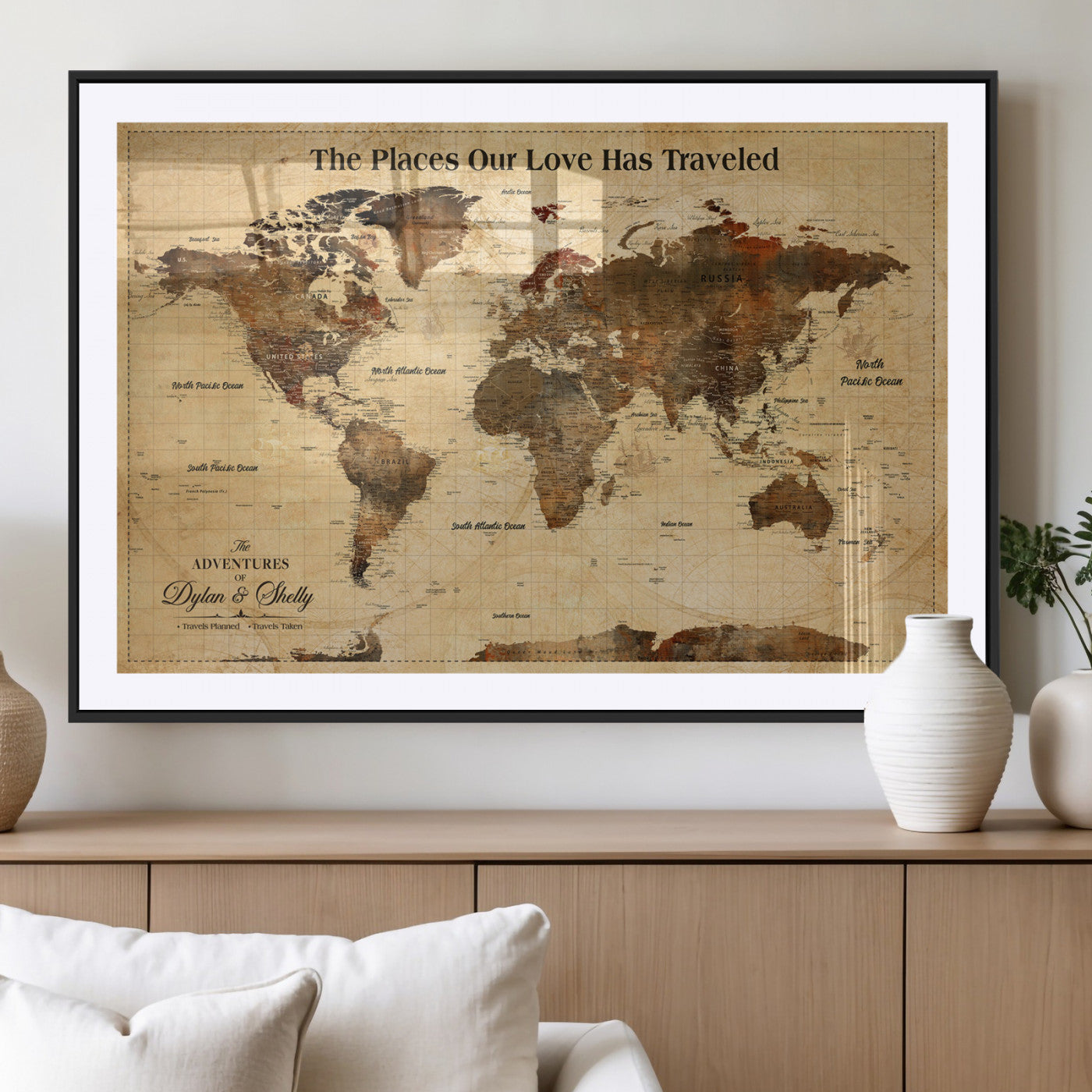 50680593-MGV-CV-36X24-Personalized World Map Wall Art – Rustic Brown Adventure Travel Map with Custom Names, Elegant Push Pin Canvas for Couples Home,