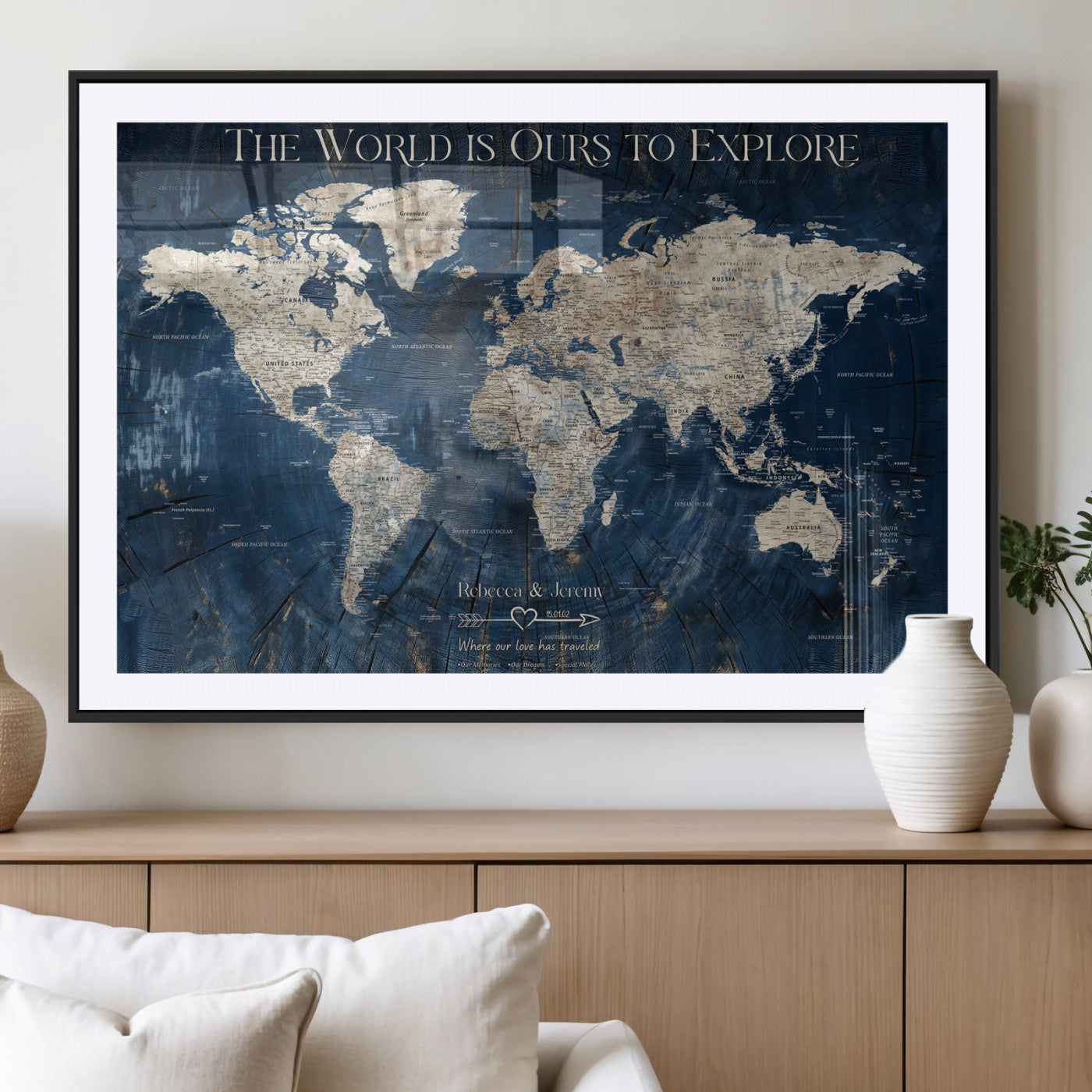 16933330-MGC-FP-36x24_Black-Personalized World Map Wall Art – Navy Blue Vintage Travel Map with Custom Names, Anniversary Gift for Couples Romantic Adventure