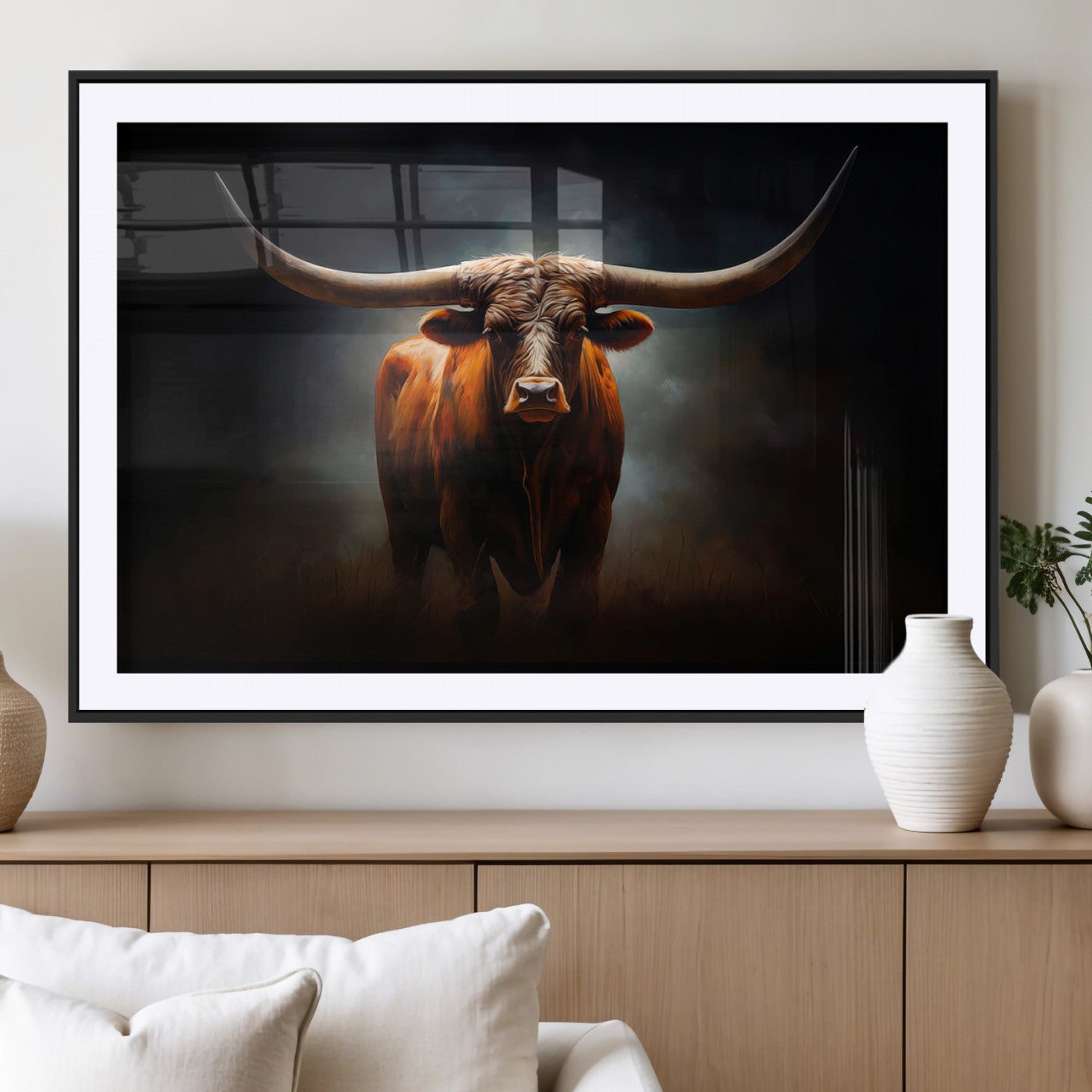 12484-MGC-FP-36x24_Black-Texas Longhorn Wall Art Canvas Print, Framed Western Bull Art Picture Print, Moody Cattle Perfect Moody Western Decor Artwork