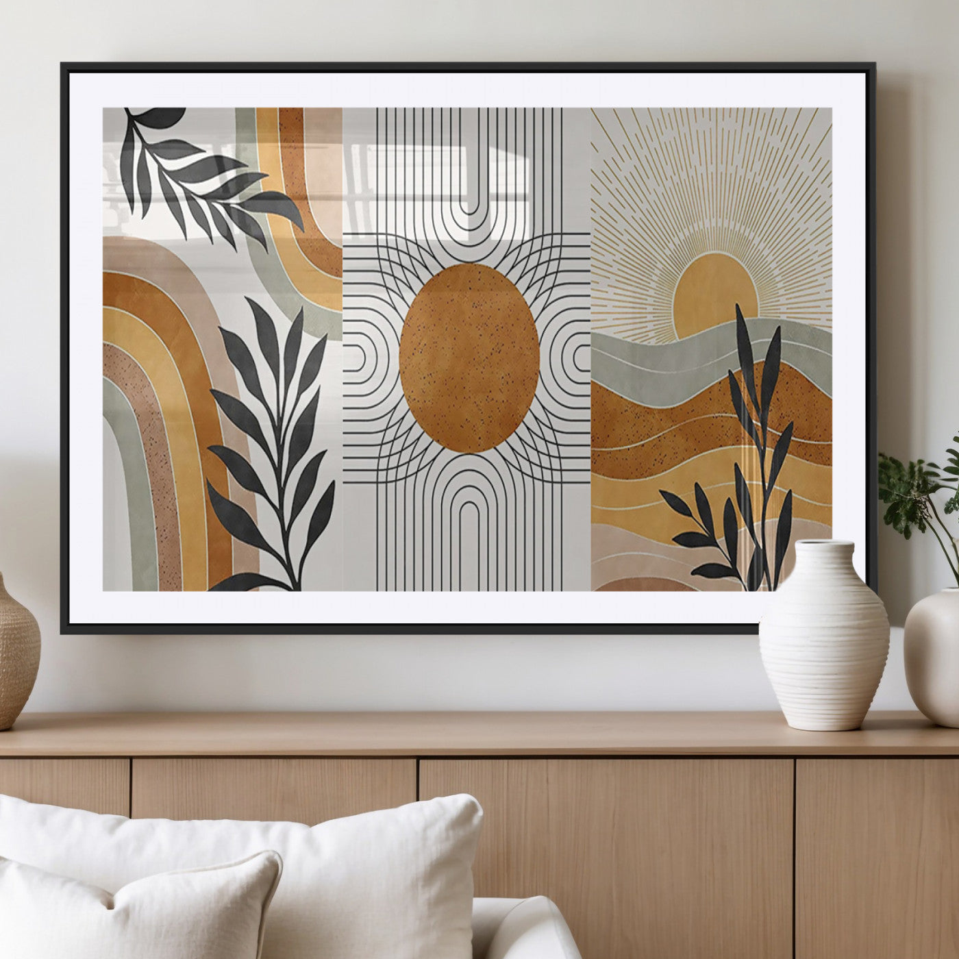 32359-MGC-FP-36x24_Black-Modern Sun Wall Art Canvas Print, Framed Retro Horizon Art Picture Print, Sunburst Design Perfect Mid Century Boho Decor Artwork
