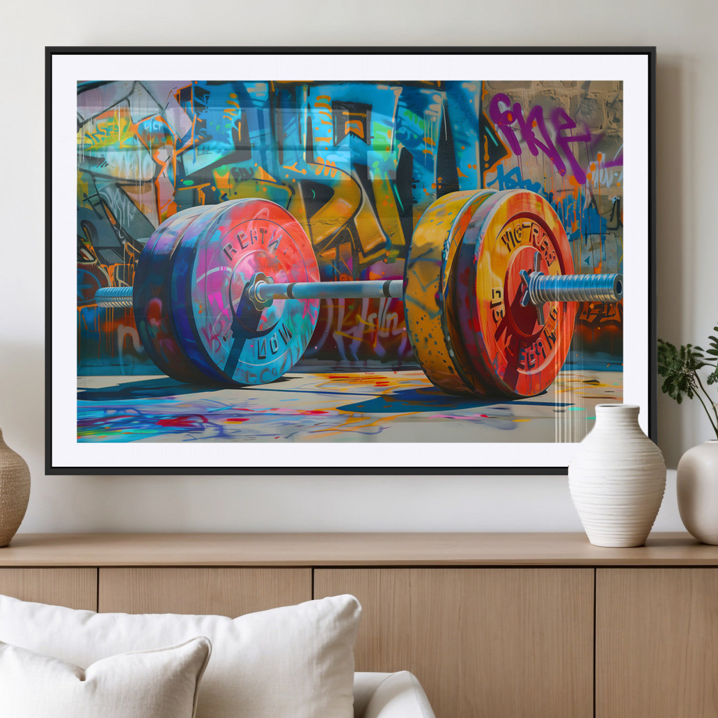 85141-MGV-CV-36X24-Colorful Barbell Wall Art Canvas Print, Framed Street Gym Art Picture Print, Graffiti Workout Perfect Urban Fitness Decor Artwork