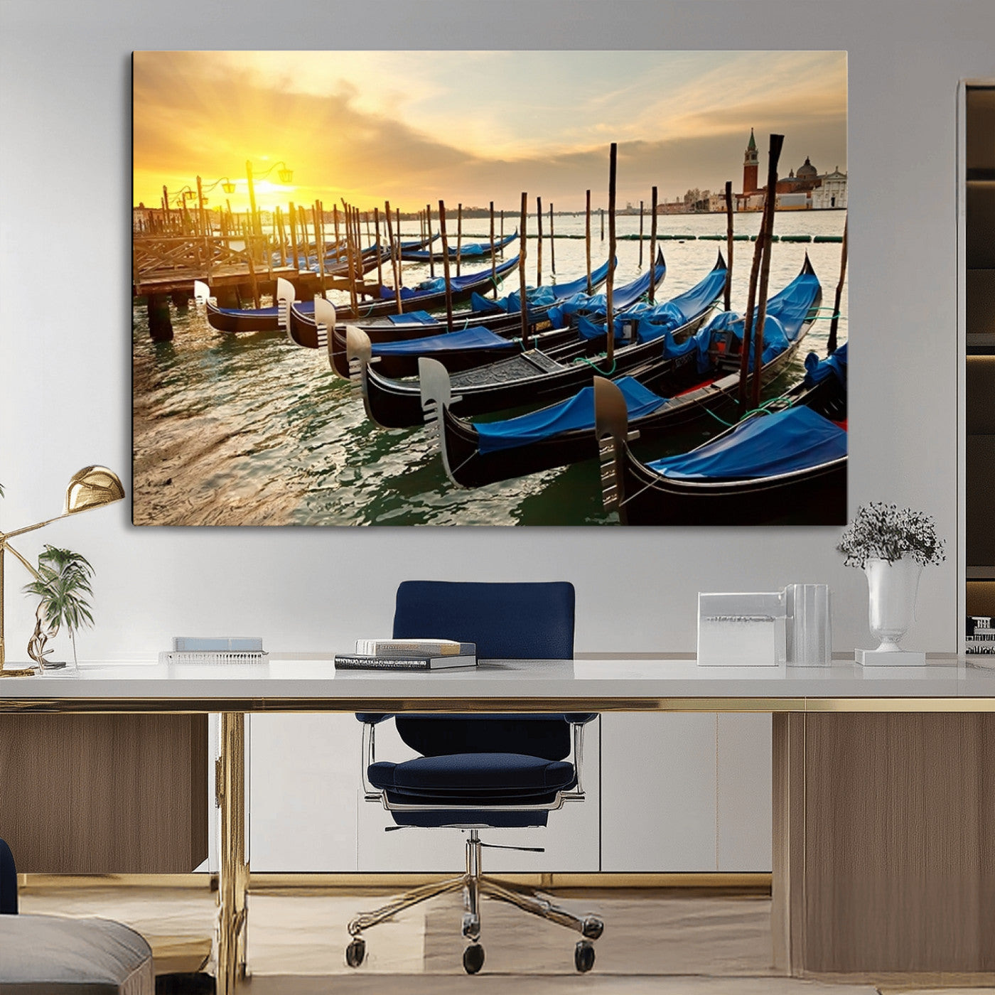 25872-MGV-CV-36X24-Venetian Gondola Dock Wall Art – Serene Sunset Canal Canvas Print, Tranquil Water Travel Decor for Office, Living Room, or Man