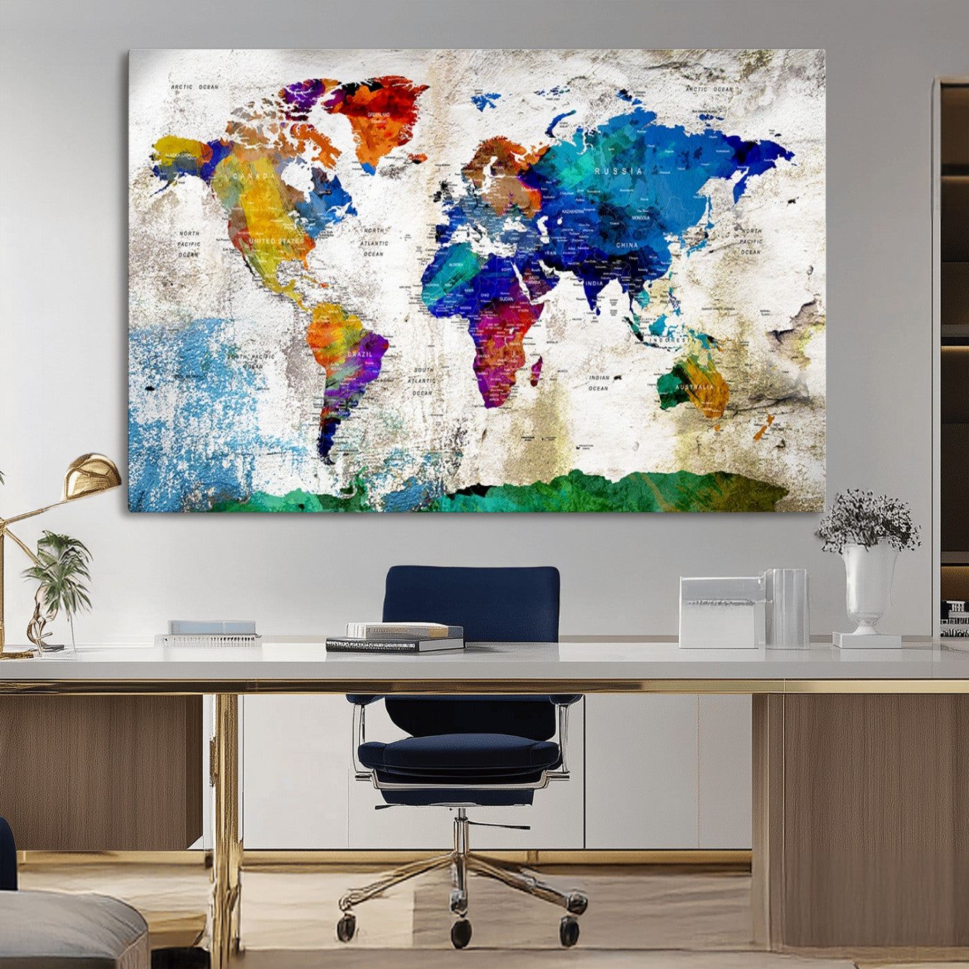 89870-MGV-CV-36X24-Colorful World Map Canvas Wall Art – Modern Abstract Travel Map Print, Vibrant Home and Office Decor