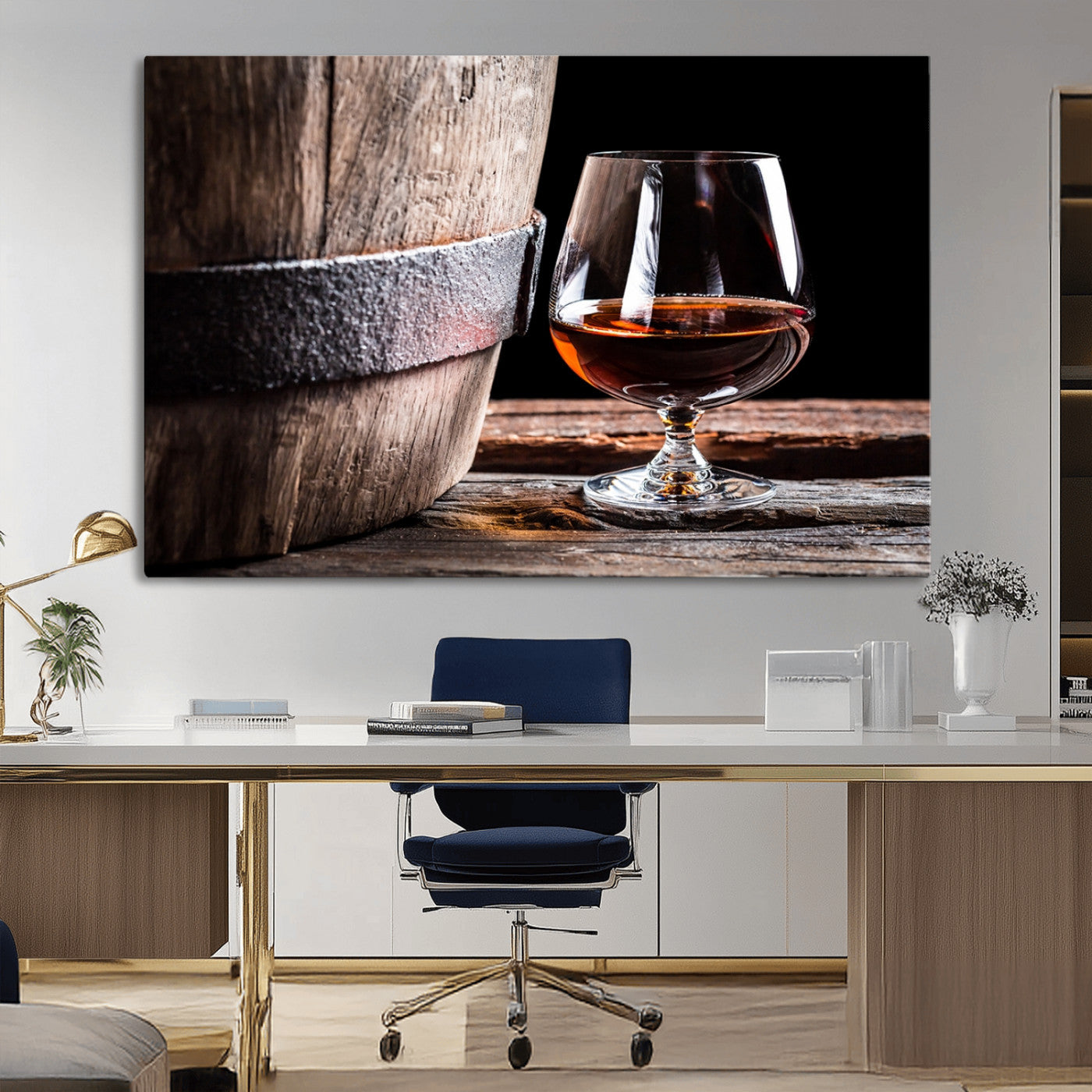 50839-MGV-CV-36X24-Barrel & Brandy Wall Art – Rustic Whiskey Barrel and Brandy Glass Canvas Print, Elegant Home Bar or Lounge Decor for Office, Man