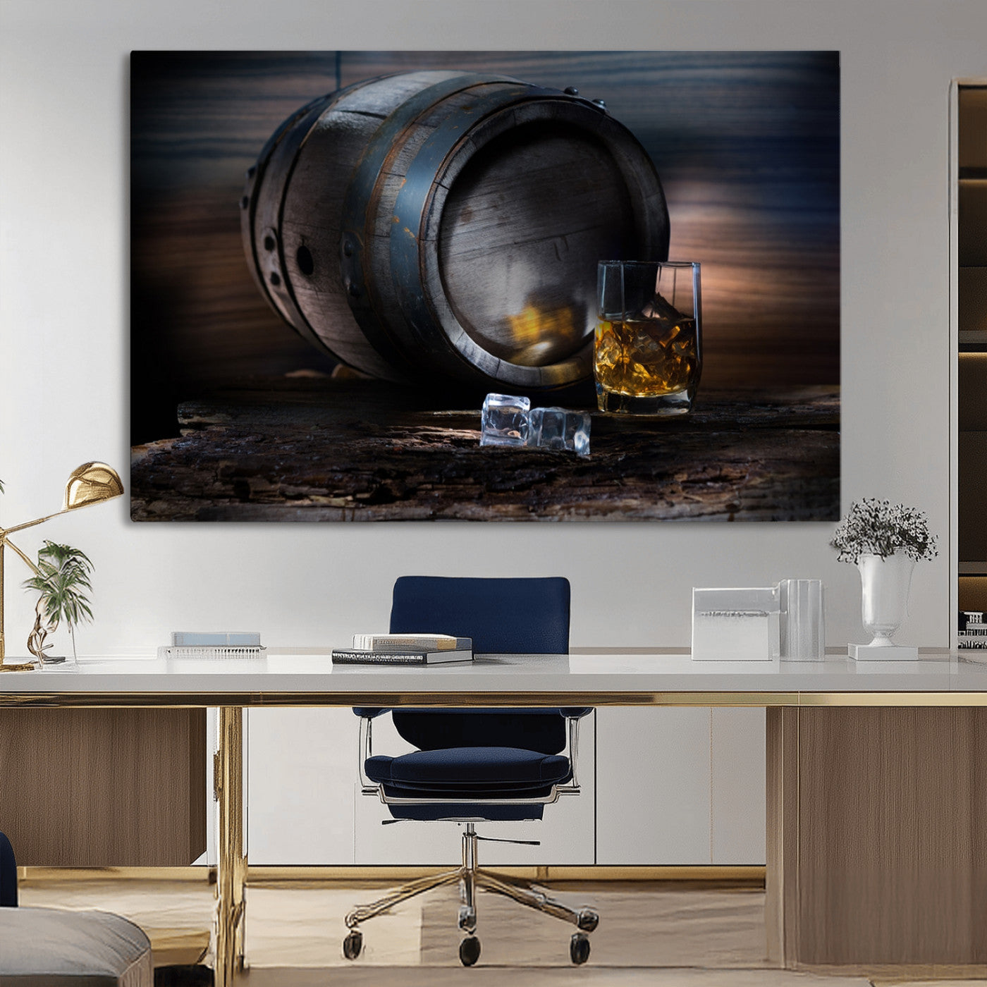 78049-MGV-CV-36X24-Whiskey Barrel Wall Art – Rustic Whiskey Barrel and Glass with Ice Canvas Print, Classic Bar or Lounge Decor for Home, Office, or