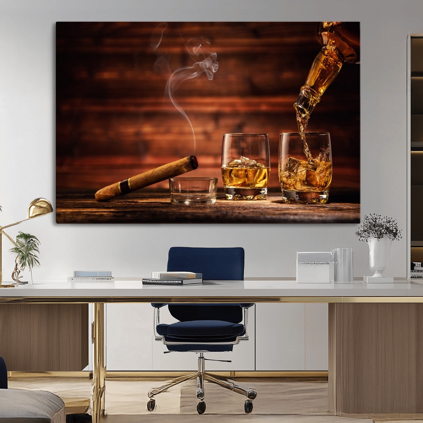 91042-MGV-CV-36X24-Whiskey & Cigar Wall Art – Elegant Whiskey Pour and Smoldering Cigar Canvas Print, Sophisticated Bar or Lounge Decor for Home,