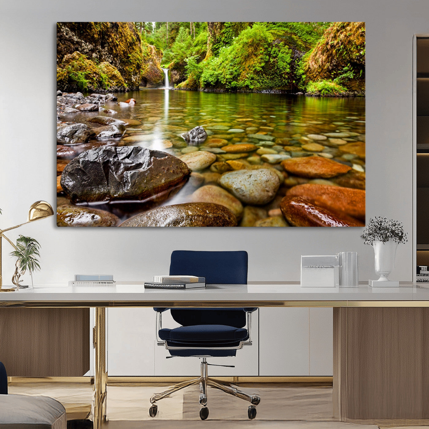 98096-MGV-CV-36X24-Serene River Waterfall Nature Photo – Calm Clear Water, Vibrant Green Forest and Smooth Stones Landscape Wall Art for Home or
