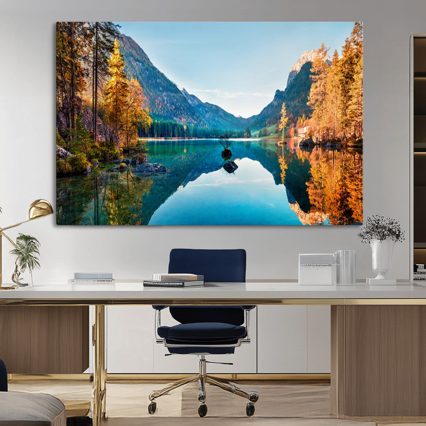 32962-MGV-CV-36X24-Mountain Lake Wall Art – Tranquil Autumn Landscape Canvas Print, Nature Reflection Decor for Living Room, Bedroom, Office or Cabin