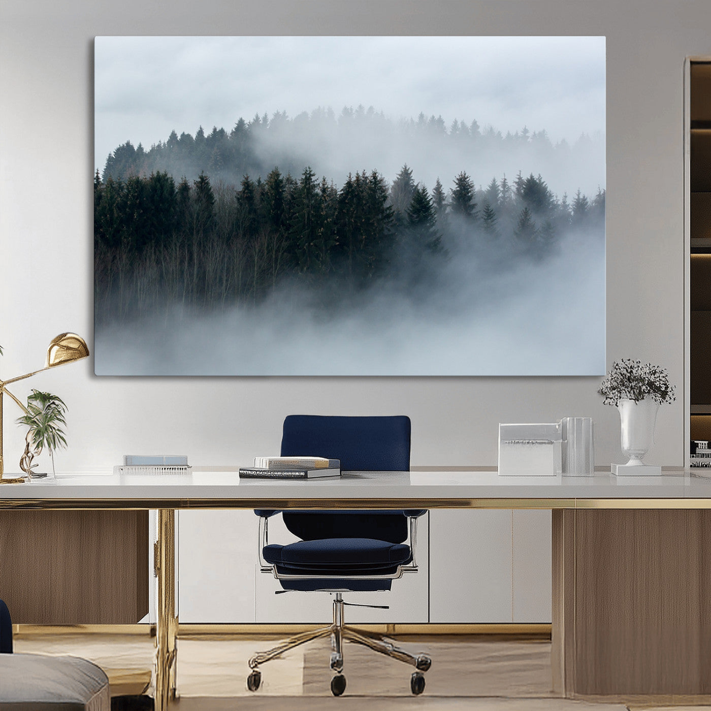 42596-MGV-CV-36X24-Misty Forest Wall Art – Atmospheric Pine Trees Canvas Print, Nature Landscape Decor for Living Room, Bedroom, Office, or Cabin