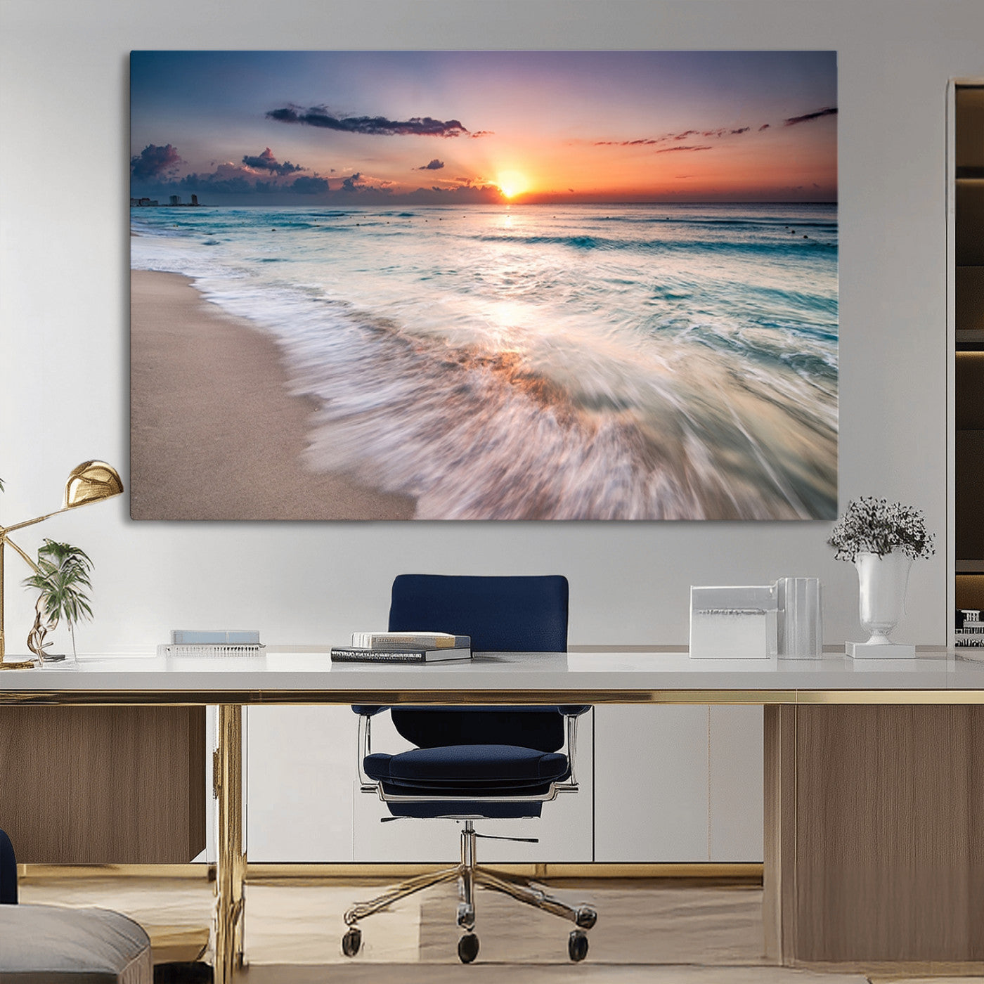 71849-MGV-CV-36X24-Sunrise Ocean Beach Wall Art – Serene Seascape Canvas Print with Gentle Waves, Coastal Nature Decor for Bedroom, Living Room or