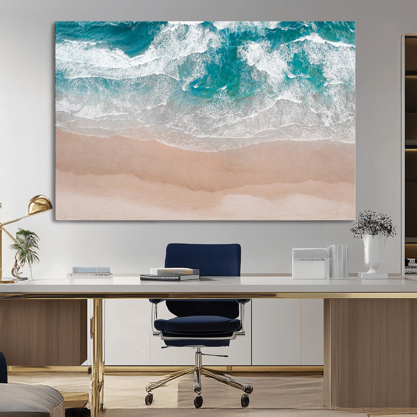39236-MGV-CV-36X24-Ocean Beach Wall Art – Aerial View of Waves and Sand Canvas Print, Coastal Home Decor for Living Room, Bedroom, Office or Beach
