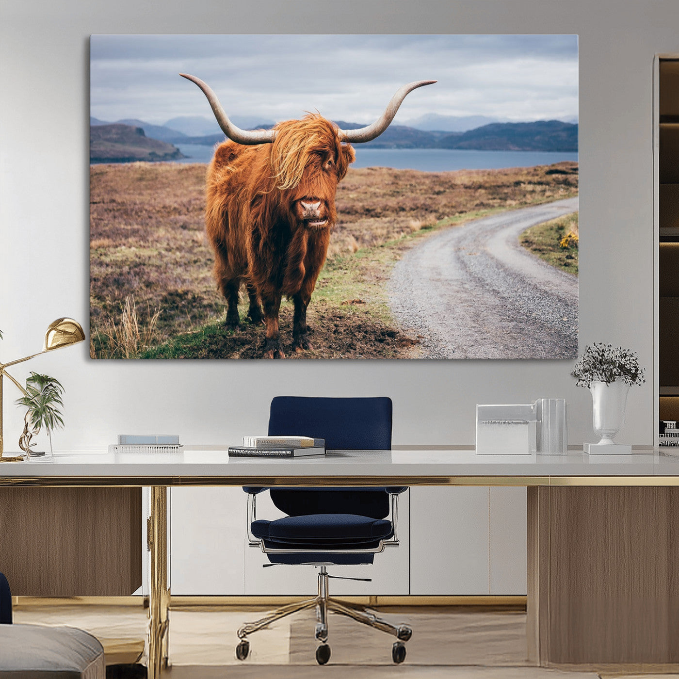 56121-MGV-CV-36X24-Rustic Highland Cow Wall Art – Panoramic Nature Canvas Print, Perfect Decor for Home, Office, Living Room or Man Cave