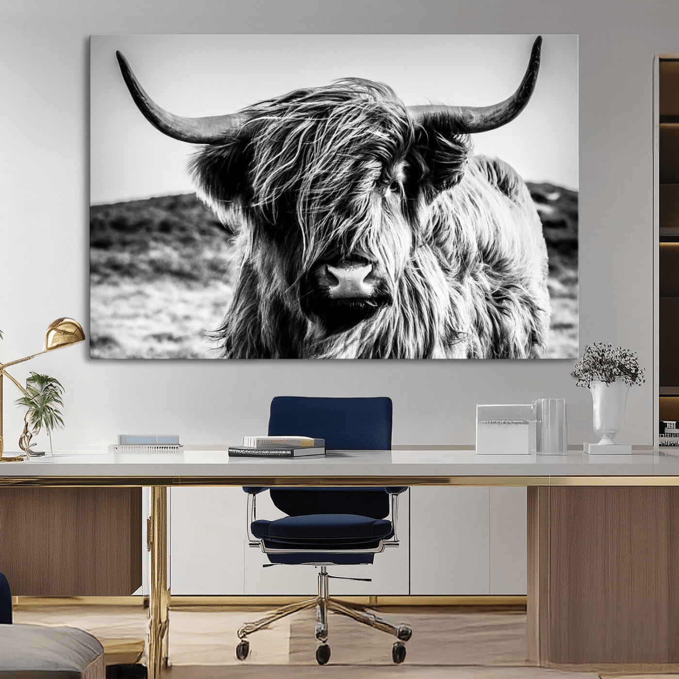 36979-MGV-CV-36X24-Striking black-and-white portrait of a Highland cow with flowing fur and majestic horns, perfect for rustic and elegant home or