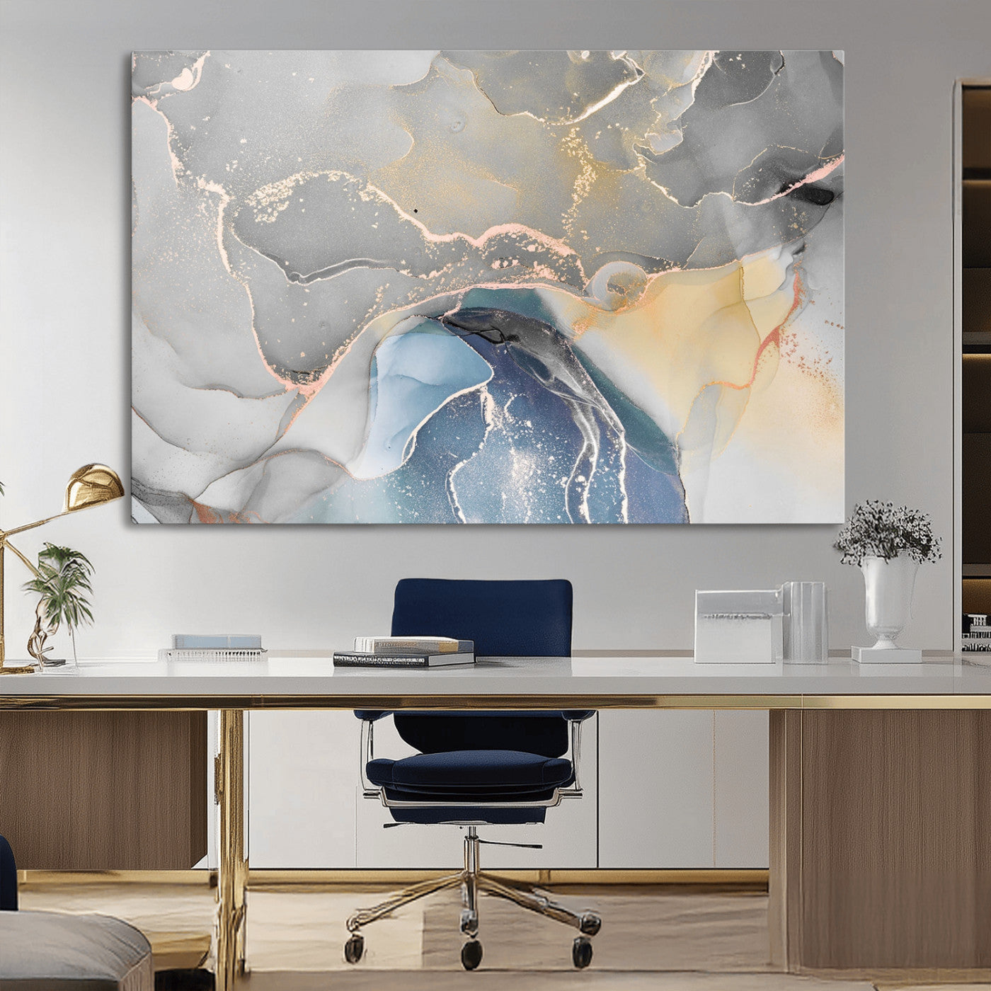 63211-MGV-CV-36X24-Abstract Fluid Art Wall Decor – Blue, Gray & Gold Canvas Print, Modern Home and Office Wall Art Decor for Living Room, Bedroom or