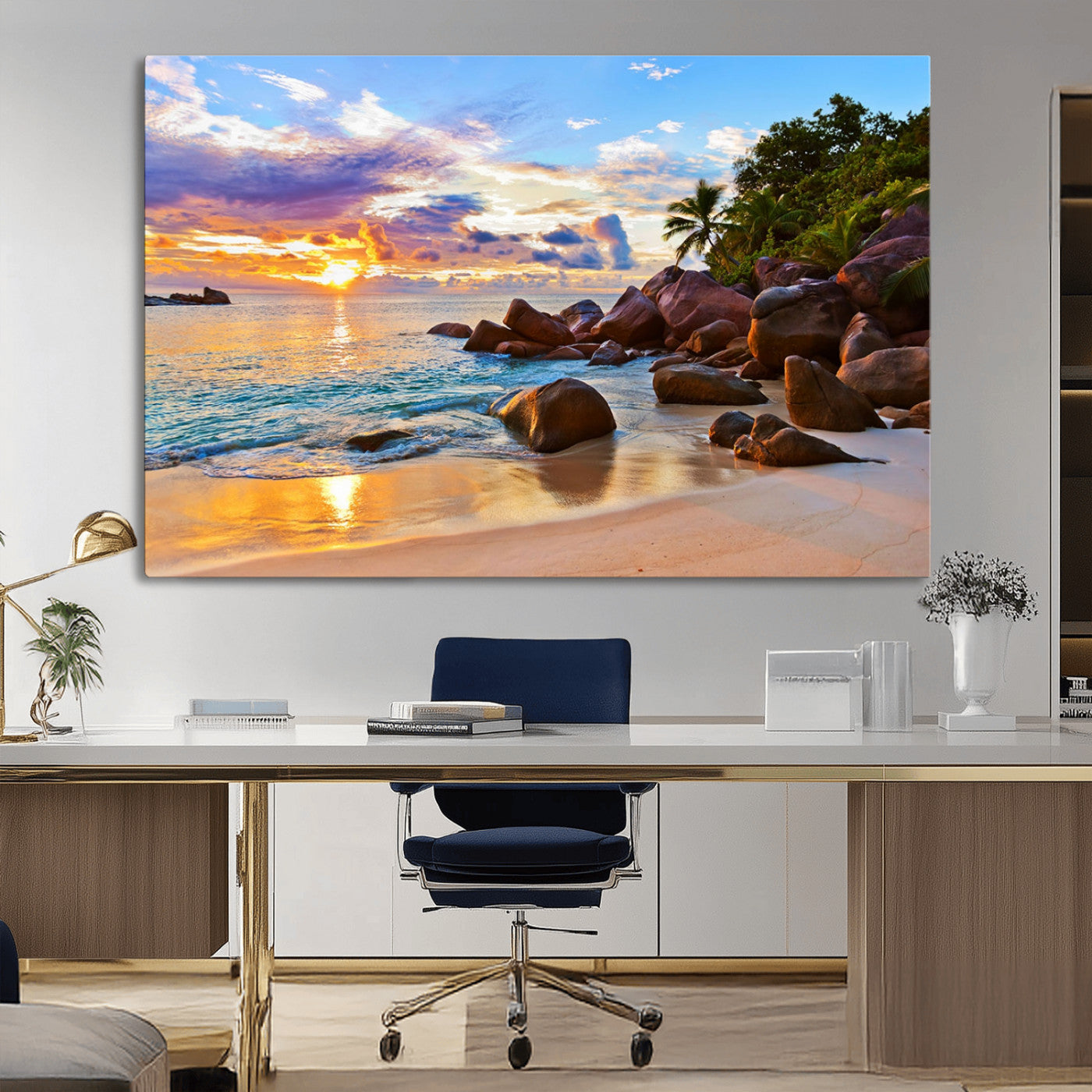 43209-MGV-CV-36X24-Tropical Beach Sunset Wall Art – Golden Ocean Waves and Palm Trees with Rocky Shore Canvas Print, Coastal Seascape Decor for