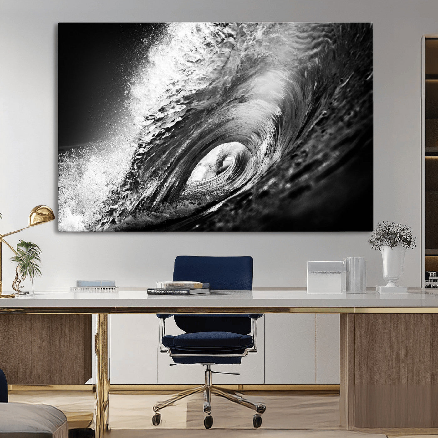 22702-MGV-CV-36X24-Black and White Ocean Wave Wall Art – Powerful Surf Curl Photography Canvas Print, Modern Coastal Decor for Living Room, Office or