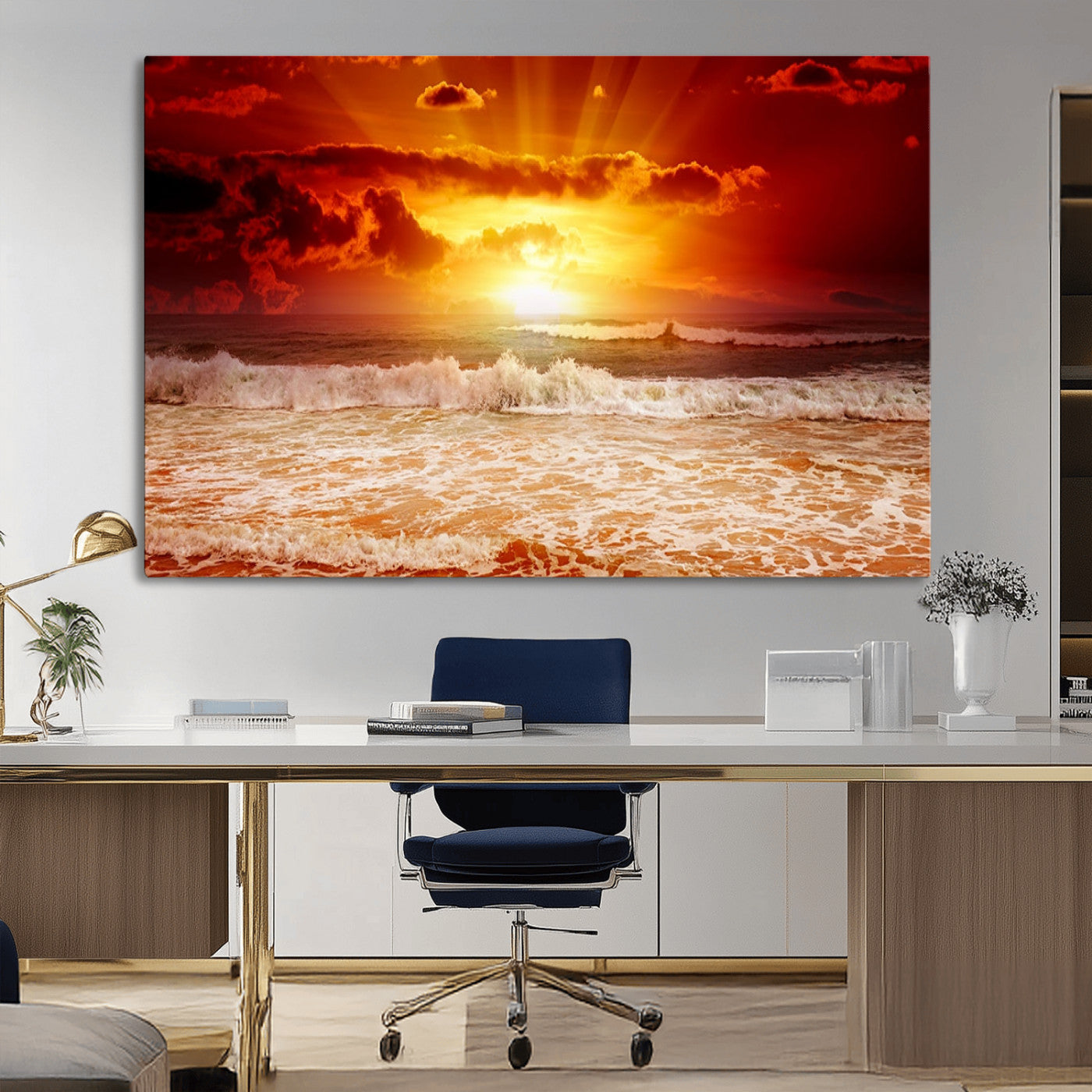 60211-MGV-CV-36X24-Fiery Sunset Ocean Wall Art – Red Sky Seascape Canvas Print with Waves, Bold Coastal Sunset Decor for Living Room or Bedroom