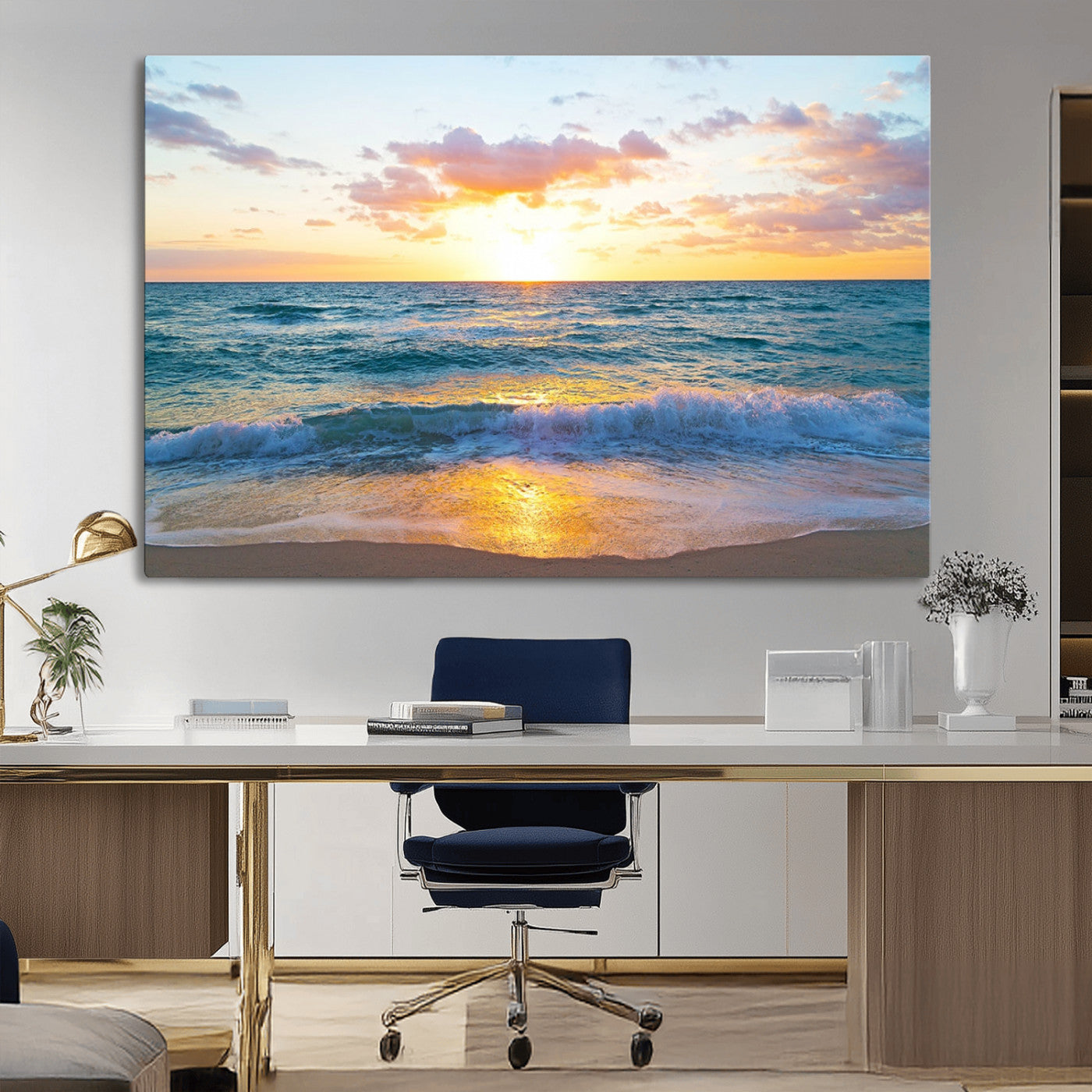 78006-MGV-CV-36X24-Golden Sunrise Ocean Wall Art – Panoramic Beach Waves Canvas Print, Coastal Seascape Artwork for Living Room, Bedroom, Office, or