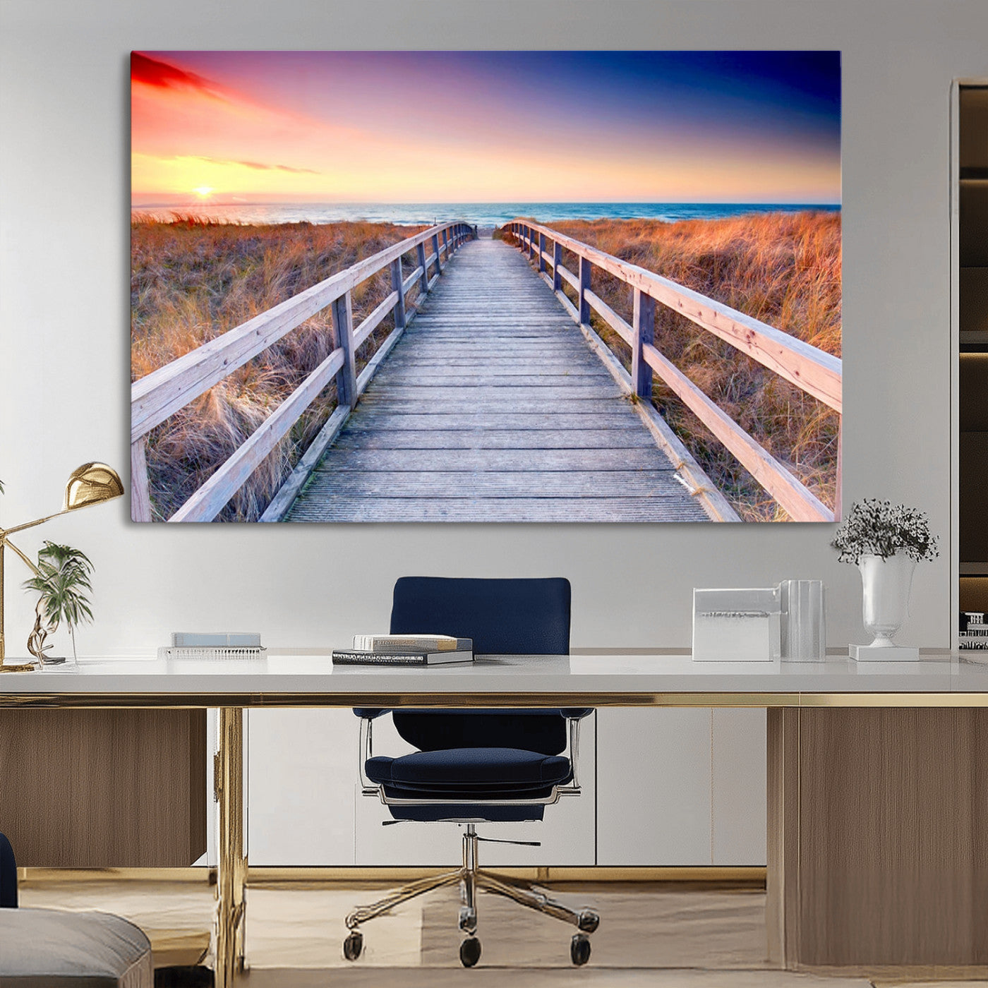 60625-MGV-CV-36X24-Beach Boardwalk Sunrise Wall Art – Coastal Pathway to Ocean Canvas Print, Seaside Landscape Decor for Home or Office