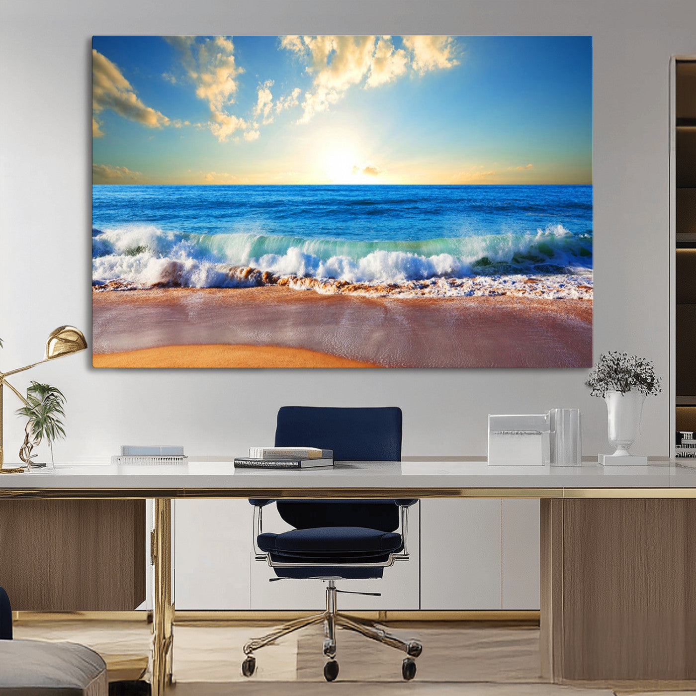 50522-MGV-CV-36X24-Ocean Sunrise Wall Art – Peaceful Beach Waves and Golden Horizon Canvas Print, Coastal Seascape Decor for Home or Office