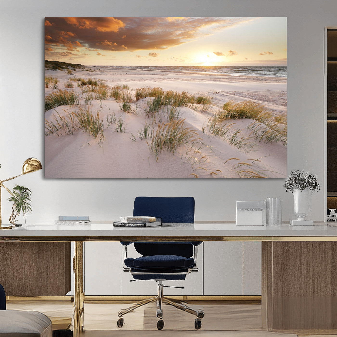 61246-MGV-CV-36X24-Coastal Sand Dunes Wall Art – Serene Beach Sunset Canvas Print with Grasses and Ocean View, Tranquil Seaside Decor for Living Room