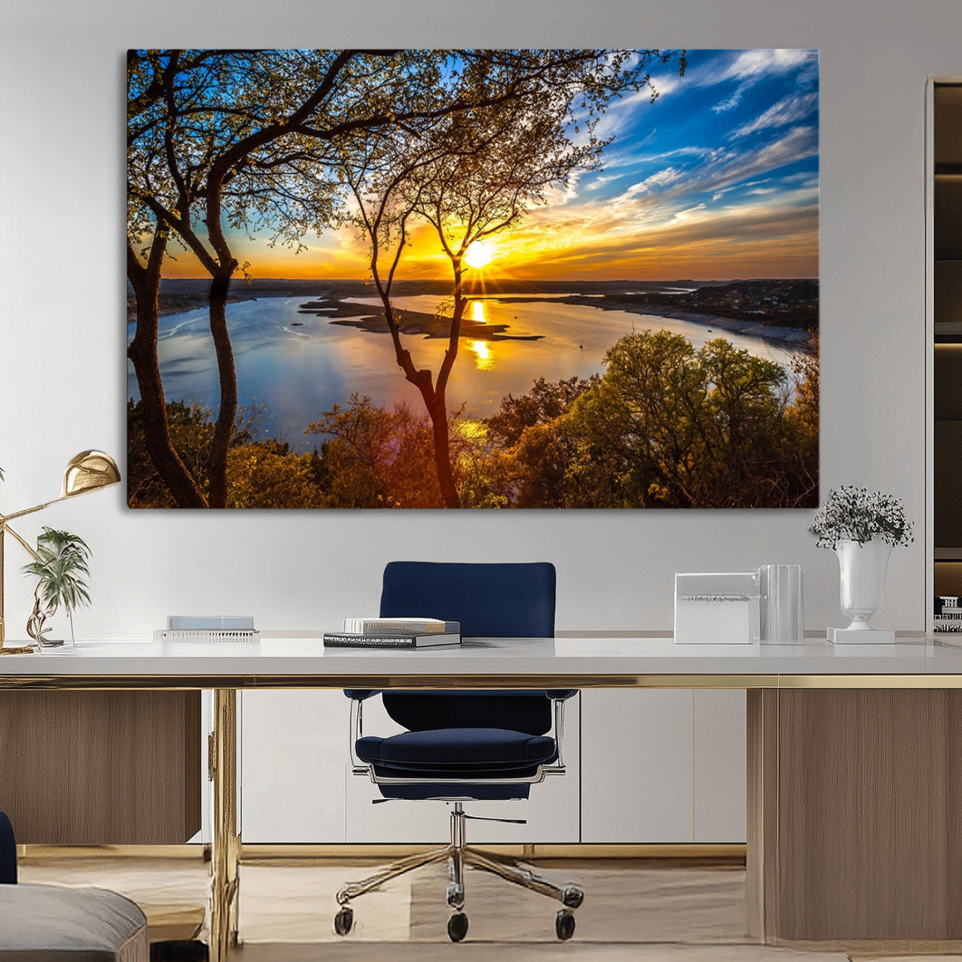 66839-MGV-CV-36X24-Lake Sunset Wall Art – Golden Hour Canvas Print with Trees and Water Reflection, Scenic Landscape Photography for Living Room,