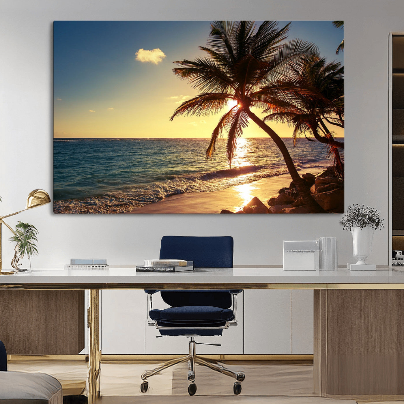82710-MGV-CV-36X24-Palm Tree Sunset Beach Wall Art – Tropical Ocean Canvas Print, Coastal Paradise Seascape Decor for Living Room or Office Wall