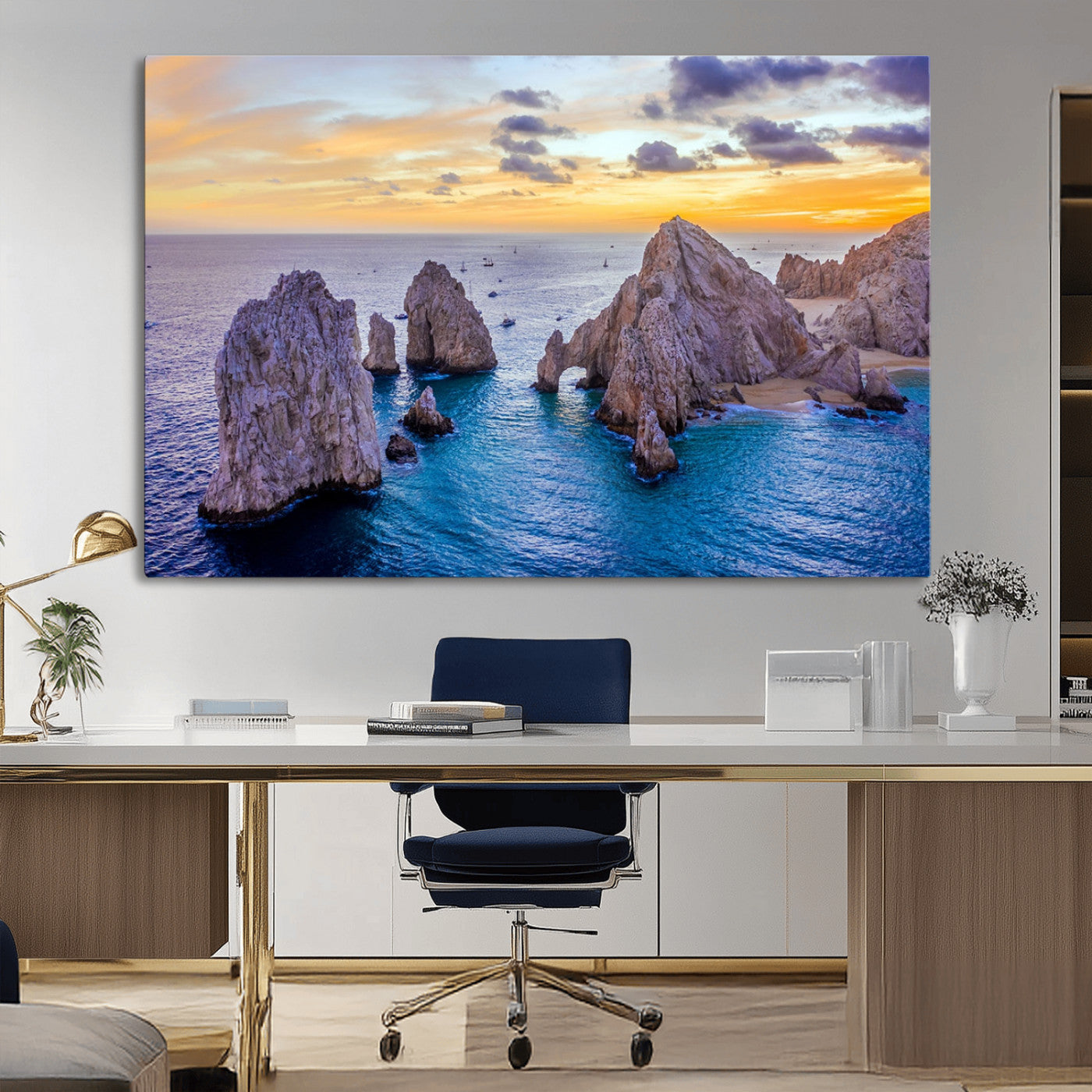 72955-MGV-CV-36X24-Ocean Rock Formation Wall Art – Sunset Coastal Seascape Print, Beach Landscape Decor for Living Room or Office