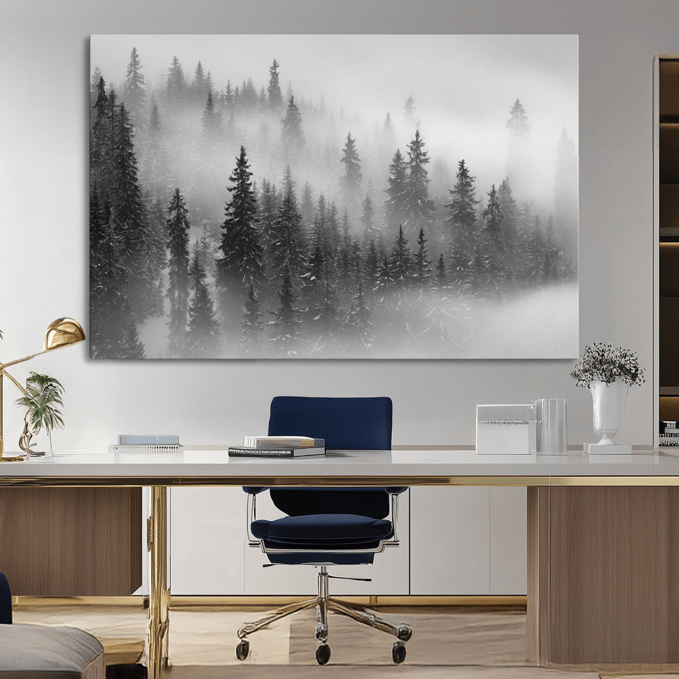 57235-MGV-CV-36X24-Misty Pine Forest Wall Art – Black and White Mountain Landscape Canvas Print, Nature Woodland Decor for Living Room, Bedroom or