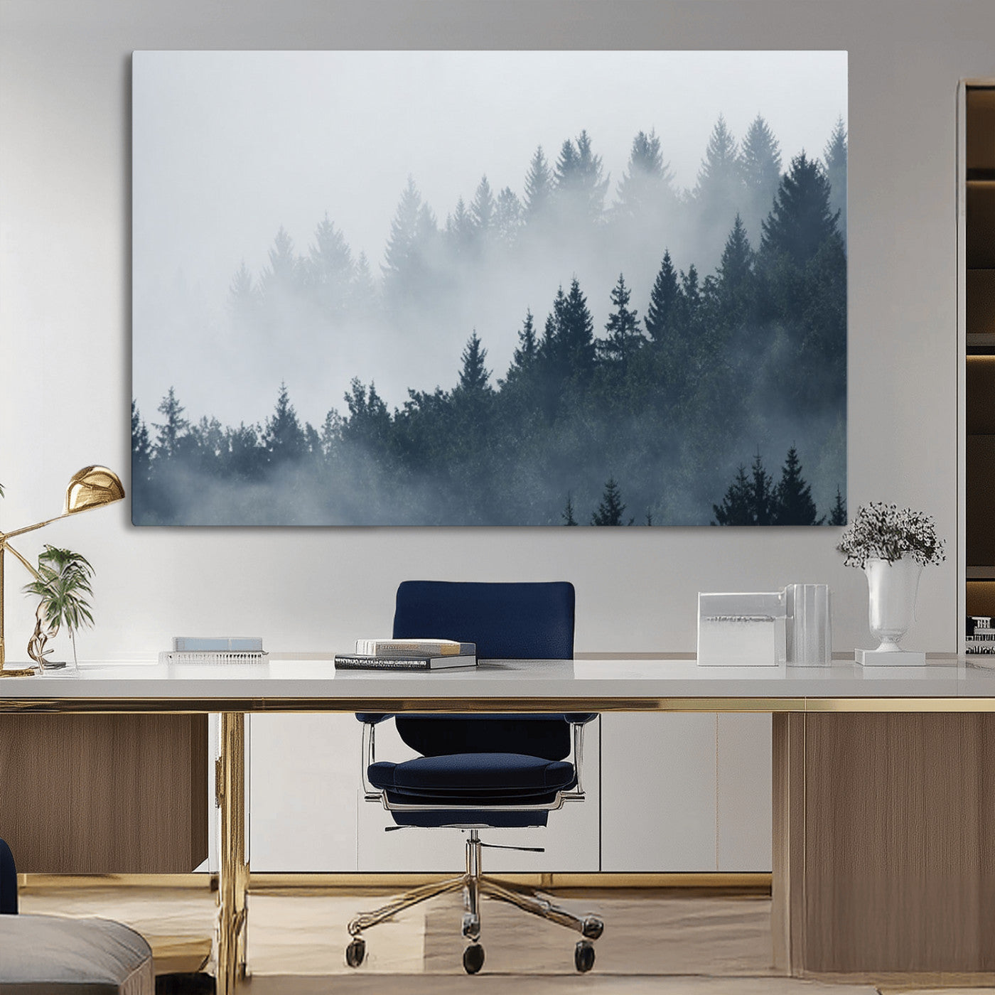 23671-MGV-CV-36X24-Misty Forest Wall Art – Serene Foggy Pine Trees Landscape Canvas Print, Tranquil Nature Decor for Living Room, Bedroom or Office