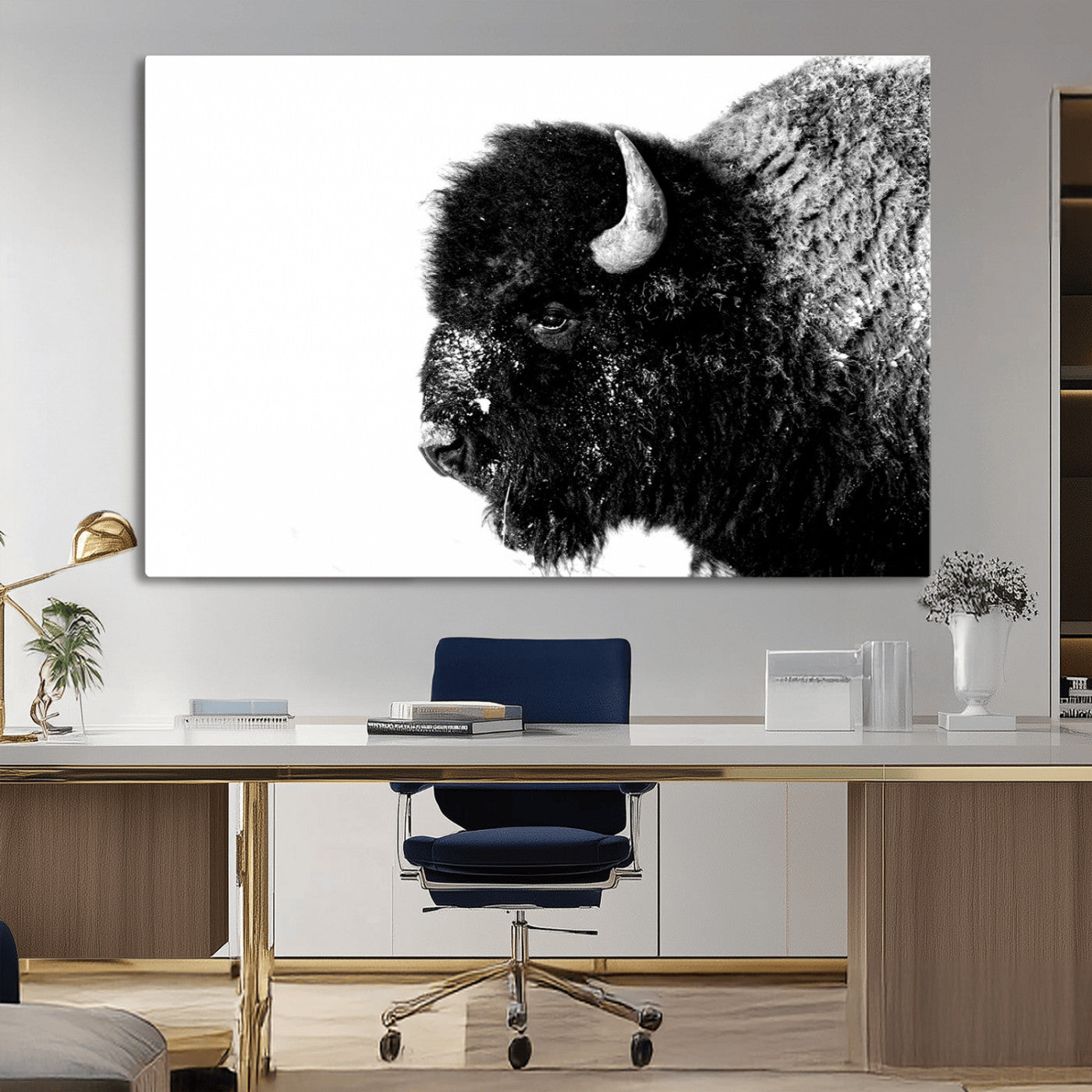 68780-MGV-CV-36X24-Bison Close-Up Wall Art – Black and White Buffalo Canvas Print, Rustic Wildlife Photography Decor for Living Room, Office, or