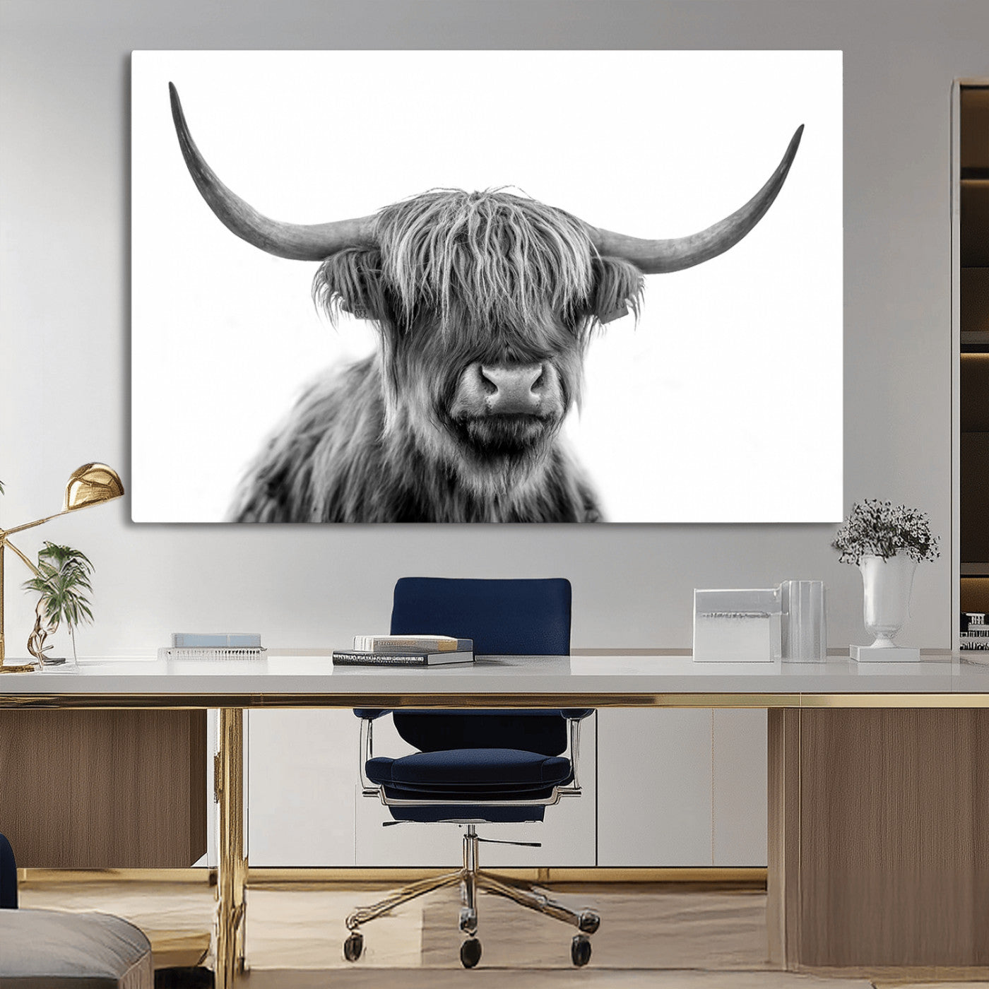 10123-MGV-CV-36X24-Black and White Highland Cow Wall Art – Modern Farmhouse Animal Print, Rustic Scottish Bull Canvas Decor for Living Room, Bedroom,