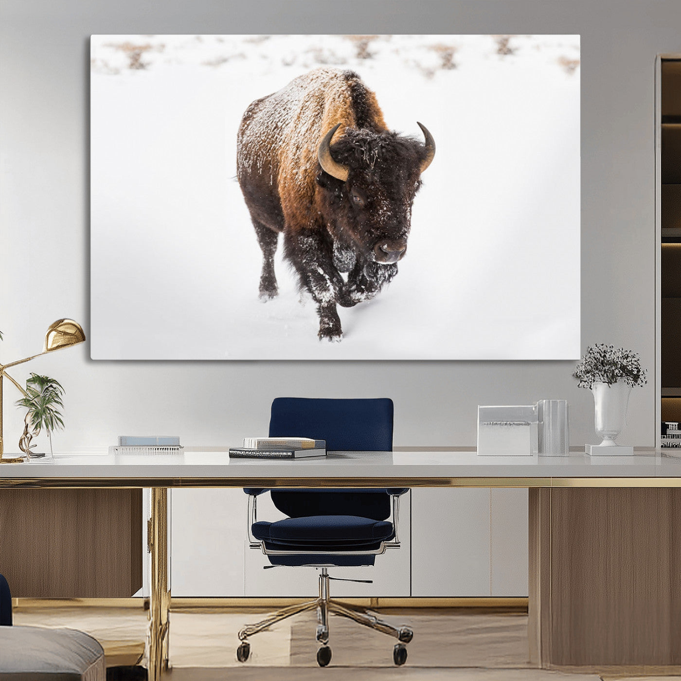 19889-MGV-CV-36X24-Snow Bison Wall Art – Majestic Buffalo Winter Landscape Canvas Print, Rustic Wildlife Photography Decor for Cabin, Lodge, Living