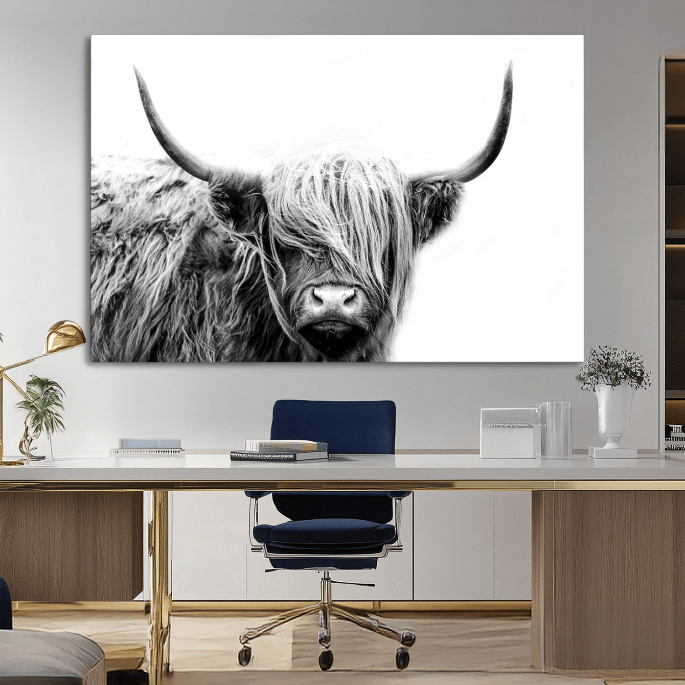 51957-MGV-CV-36X24-Highland Cow Wall Art – Black and White Scottish Highland Bull Canvas Print, Rustic Farmhouse Animal Decor for Living Room,