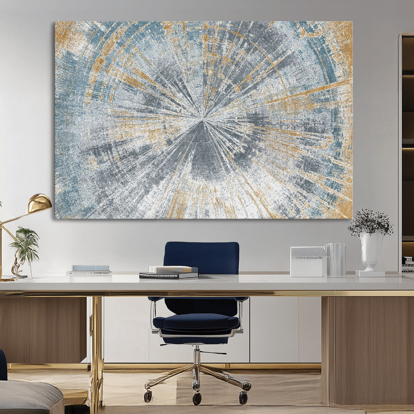17631-MGV-CV-36X24-Radiant Burst Wall Art – Abstract Sunburst Canvas Print in Blue and Gold, Modern Geometric Painting for Living Room, Office or
