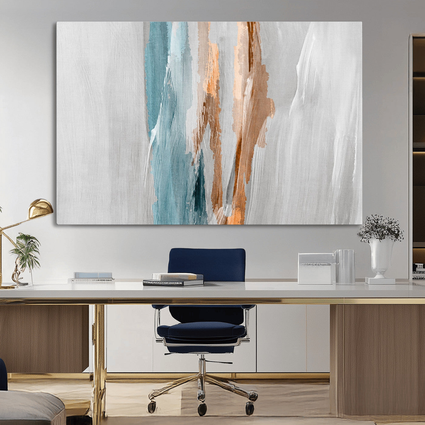 66154-MGV-CV-36X24-Abstract Brushstroke Wall Art – Modern Teal and Gold Canvas Print, Minimalist Contemporary Painting for Living Room, Bedroom, or