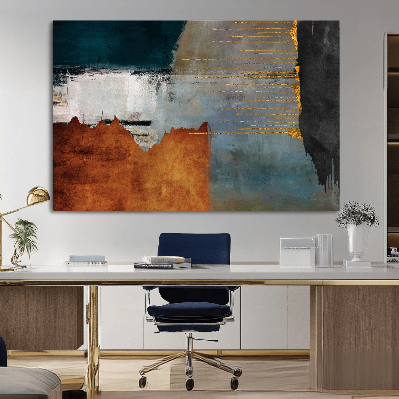 35026-MGV-CV-36X24-Abstract Canvas Wall Art – Modern Teal, Rust, Black and Gold Textured Painting, Contemporary Decor for Living Room, Bedroom