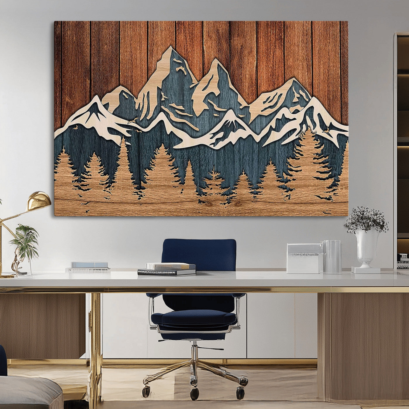 41330-MGV-CV-36X24-Rustic Mountain Wall Art – Wooden Nature Scene with Trees and Peaks, Handmade 3D Layered Decor for Living Room, Cabin or Office