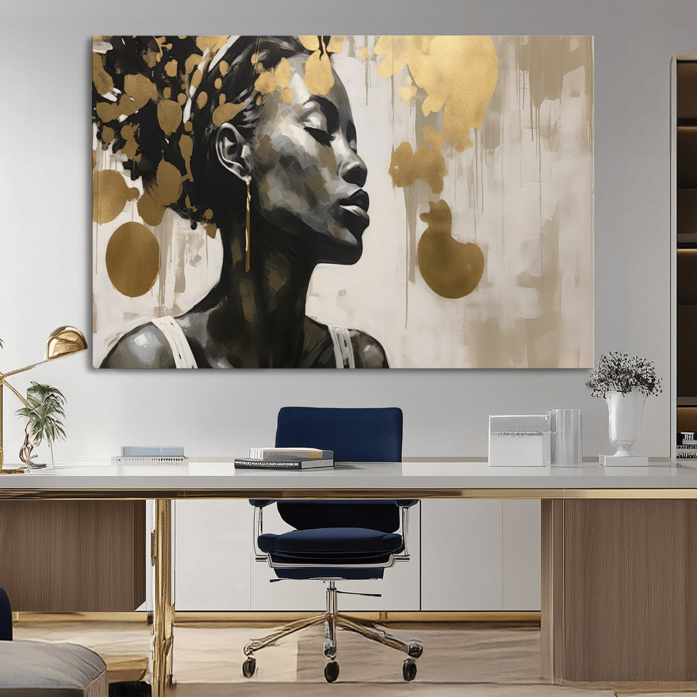 65669-MGV-CV-36X24-Elegant Black Woman Wall Art – Modern Abstract Portrait Canvas with Gold Accents, Contemporary Afrocentric Decor for Living Room