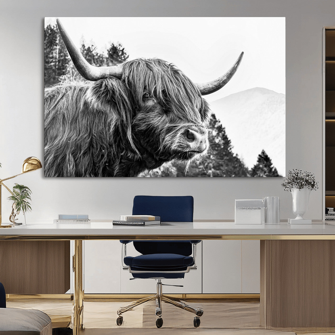 61570-MGV-CV-36X24-Highland Cow Wall Art – Black and White Scottish Bull Canvas Print, Rustic Farmhouse Animal Decor for Living Room, Bedroom, or