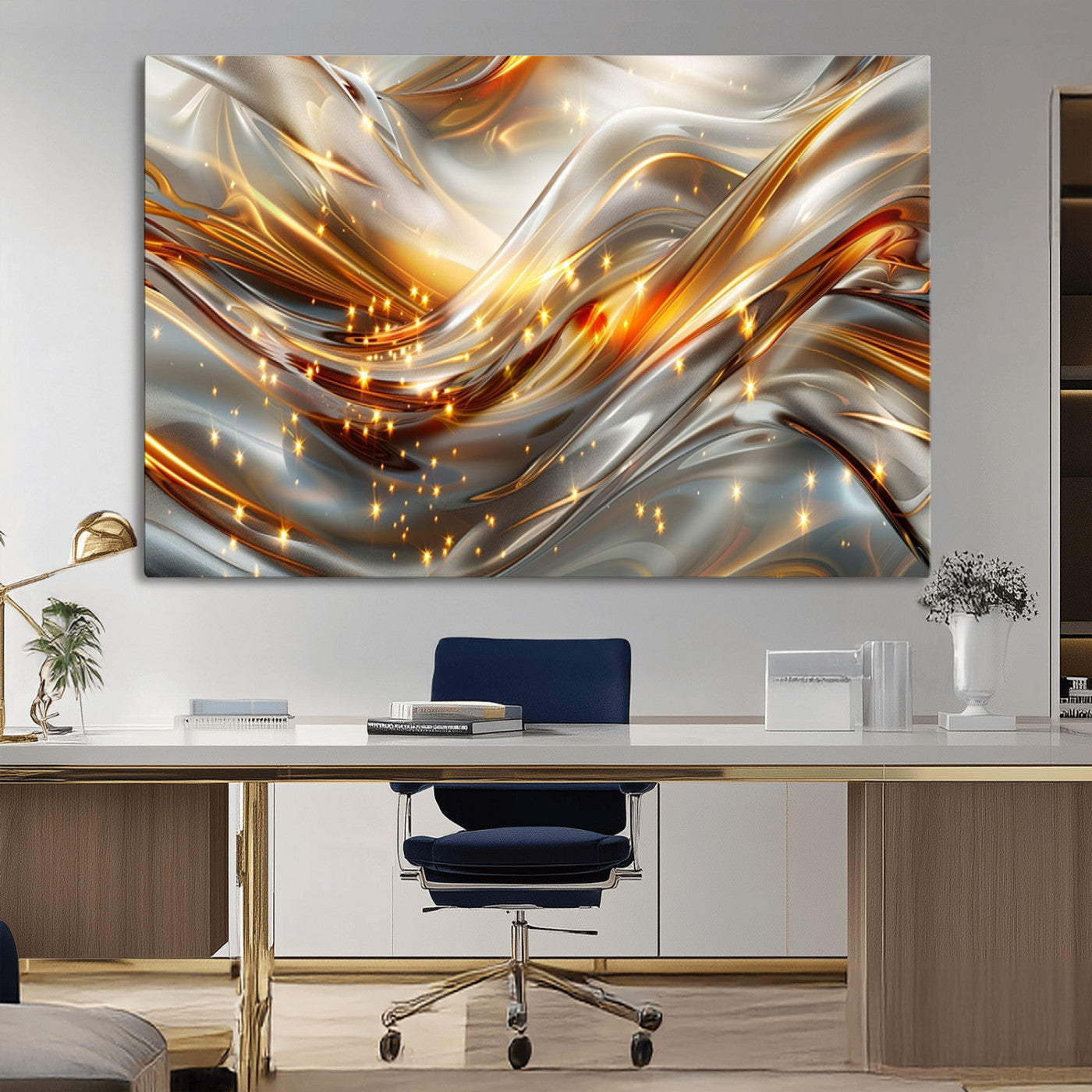 Lines1-MGV-CV-36X24-Abstract Metallic Wall Art – Silver and Gold Wave Canvas Print with Sparkling Accents, Modern Luxury Decor for Living Room, Office