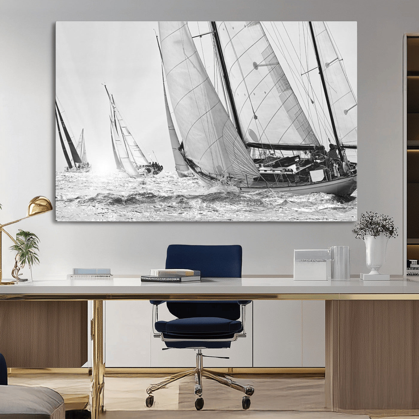 Boat-1-MGV-CV-36X24-Sailboat Racing Wall Art – Nautical Black and White Canvas Print, Ocean Adventure Decor for Office, Living Room or Bedroom