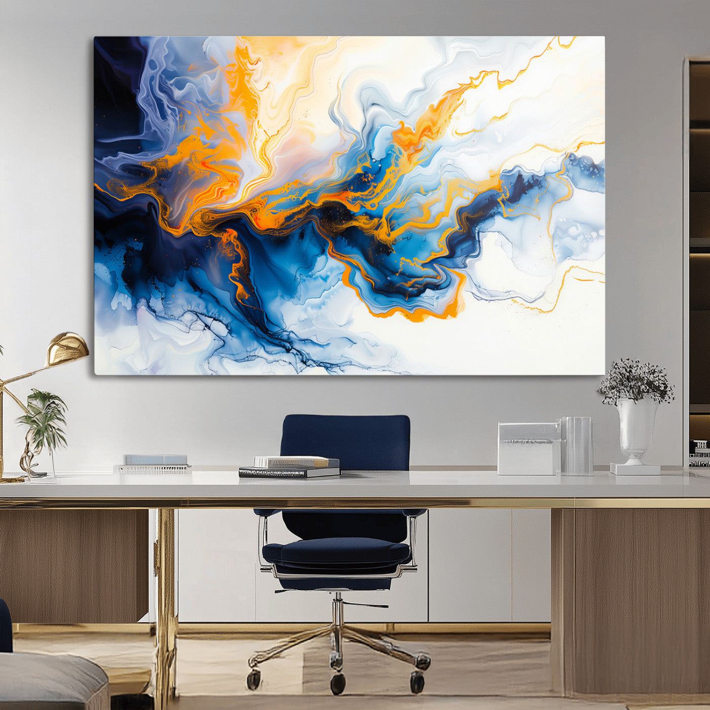 83720-MGV-CV-36X24-Abstract Fluid Wall Art – Blue, White and Gold Swirl Canvas Painting, Modern Contemporary Artwork for Living Room, Bedroom or