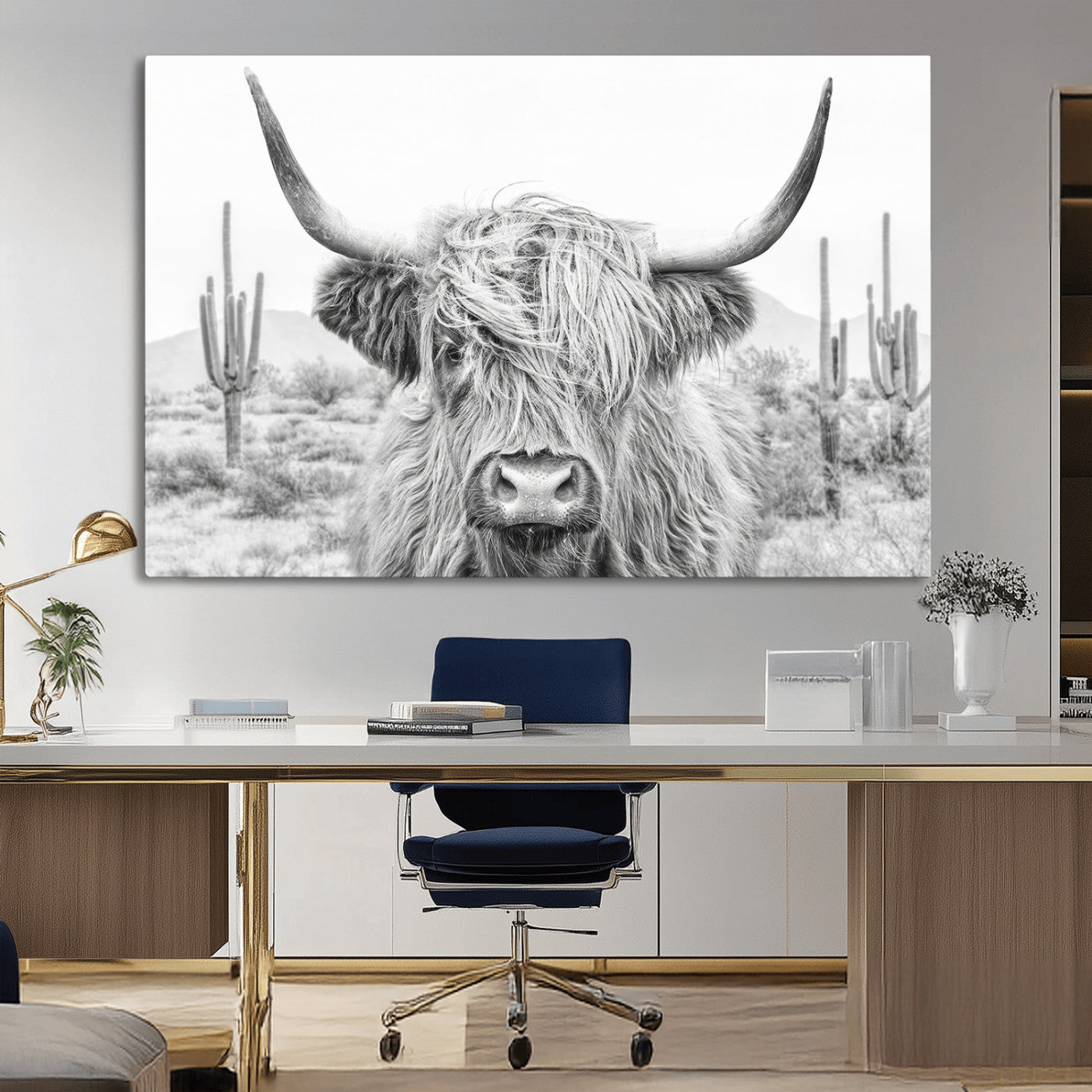 94579-MGV-CV-36X24-Highland Cow Wall Art – Black and White Longhorn Canvas Print, Rustic Western Farmhouse Animal Photography for Living Room,